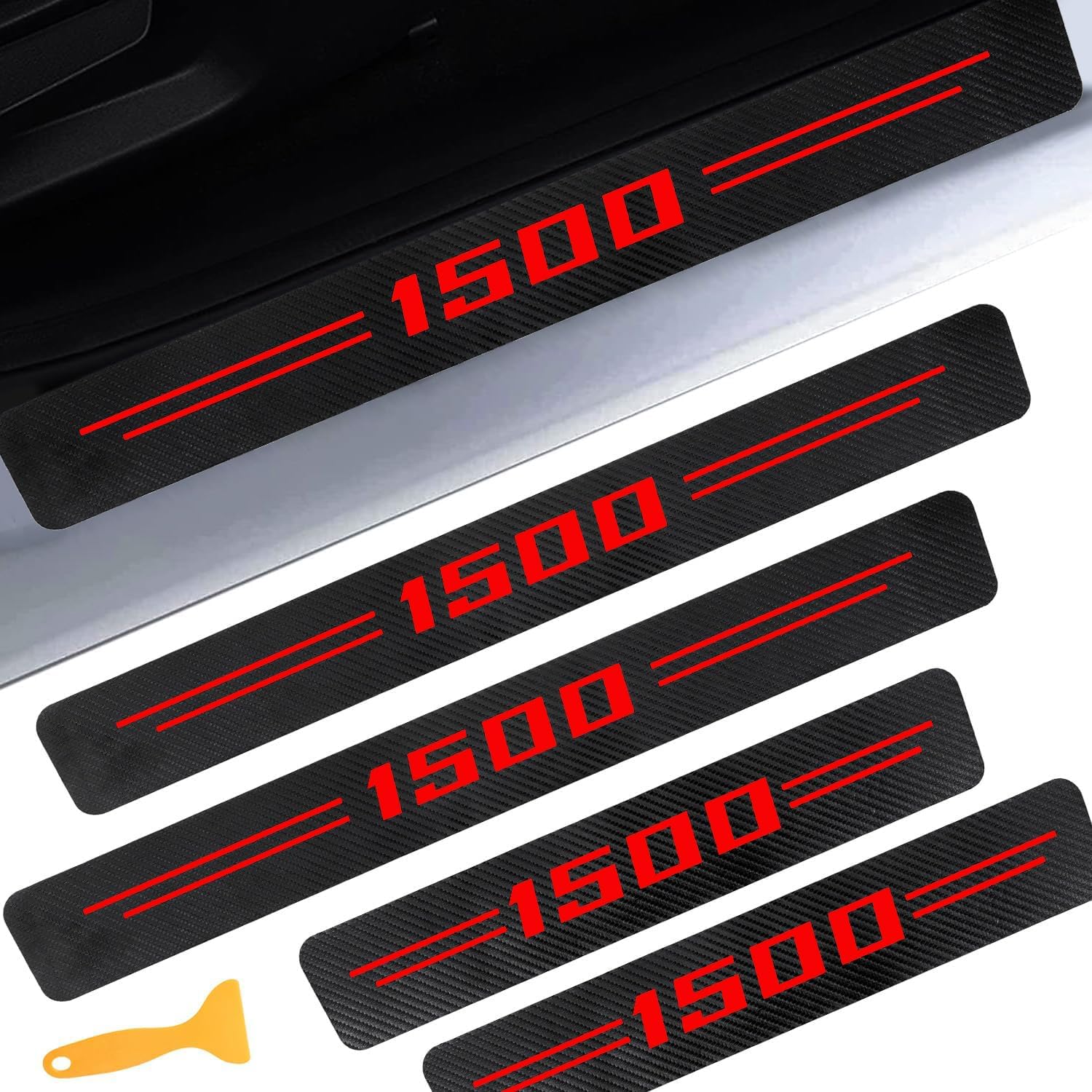 LINOAH Door Sill Protectors for RAM 1500, Carbon Fiber Leather Door Sill Sticker for Dodge RAM 1500 Door Sill Guards, Car Interior Decoration, Pack of 4, Red