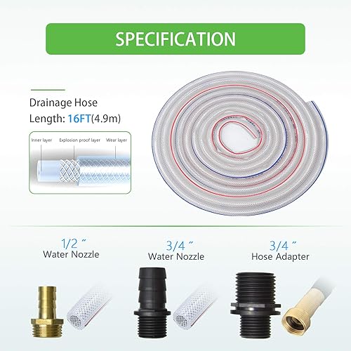 Miniatura 6 de Surmountway - Bomba de cubierta de piscina sobre el suelo de 850 GPH, bomba de agua para drenaje de piscina con 3 adaptadores, manguera de drenaje