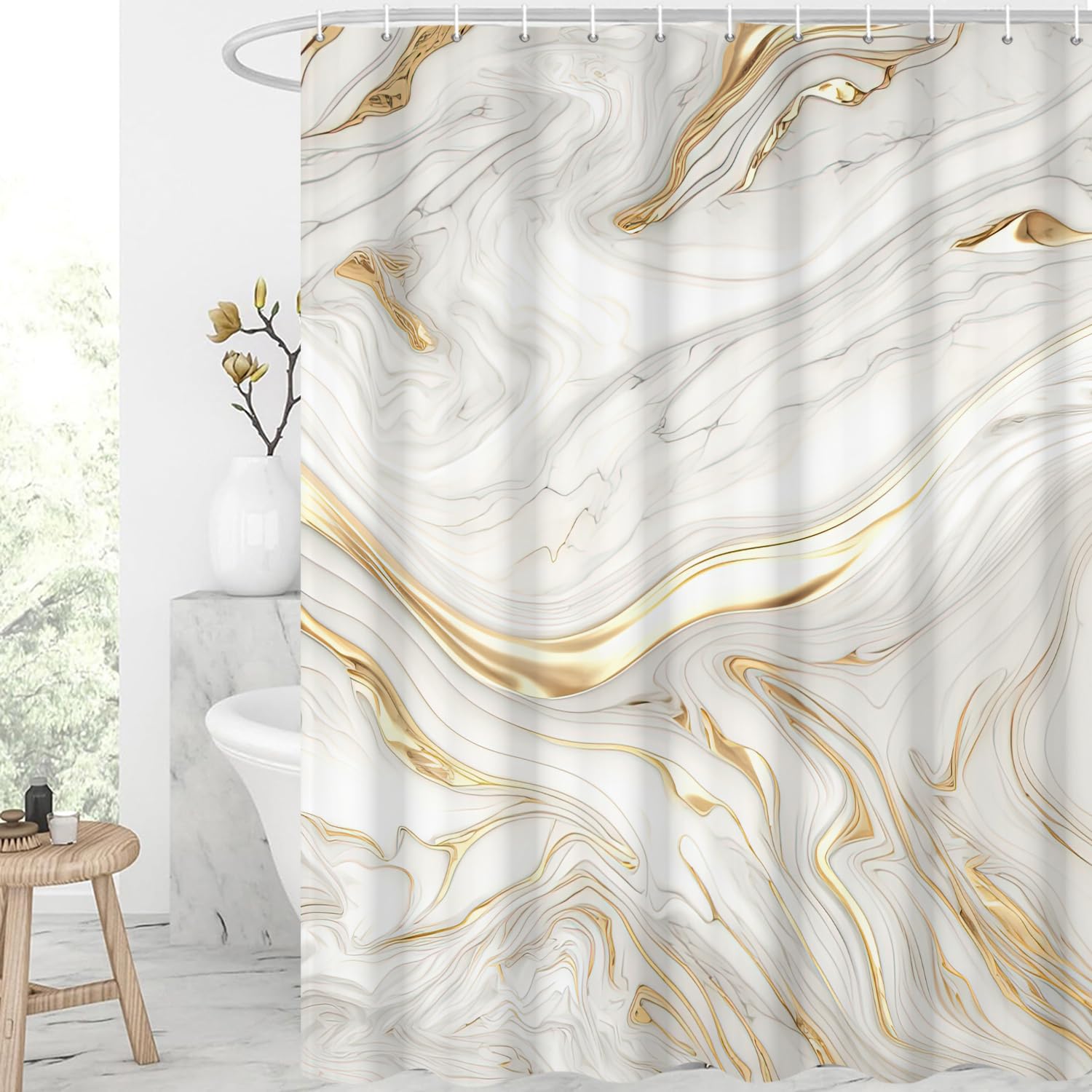 GCIREC Shower Curtain, 180x180cm, White and Gold Marble Modern Crack Luxury Texture Ink Waterproof Fabric Machine Washable Bathroom Curtain with Hooks