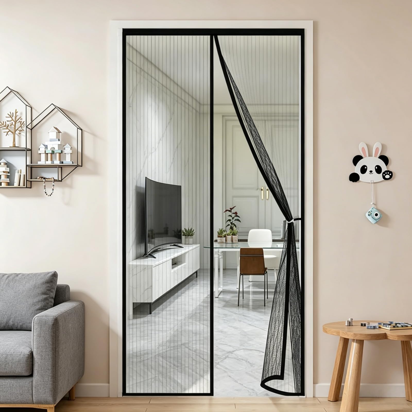 Magnetic Screen Door 155 x 265 cm Powerful Magnets Full Frame Magic Tape Patio Curtain Insect Mesh No Drill Installation Automatically Closes for Keeping Out Flies & Bug, Black