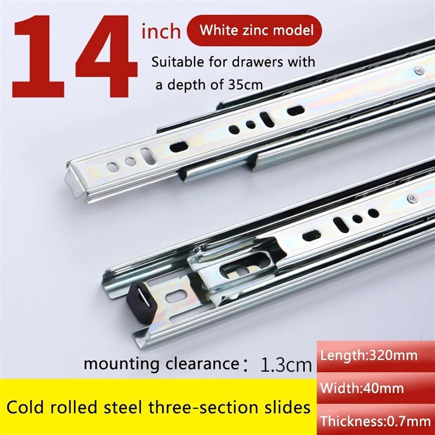 Prowadnice szuflad 3-sekcyjne, pełne wysunięcie, prowadnice kulkowe do szuflad, do szafek kuchennych, szuflad(14 inches)