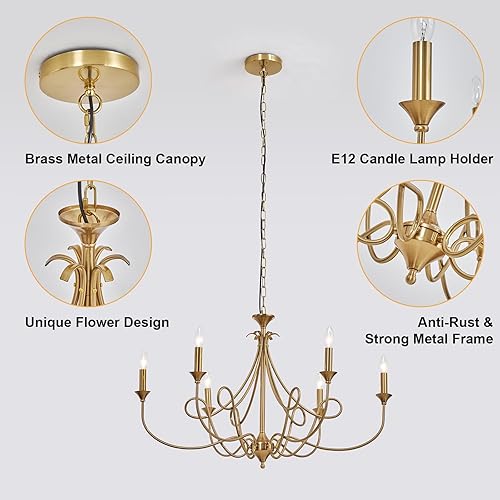 Miniatura 5 de Candelabro moderno de 6 luces de 36.6 pulgadas de latón, lámpara colgante de metal dorado para comedor, sala de estar, cocina, isla, vestíbulo,
