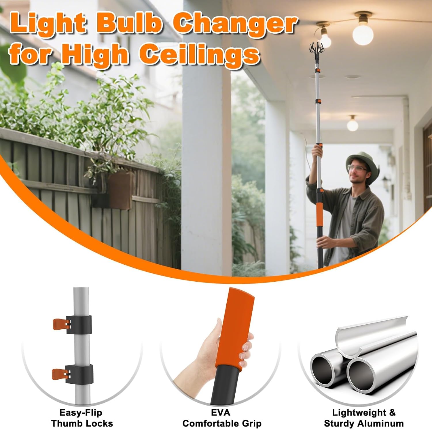 Buyplus 18FT Reach Light Bulb Changer for High Ceilings with 3-12FT Telescopic Extension Pole, Easy Flip-Tab Lock Bulb Changing Pole Extension with Basket and Suction Cup for Recessed Lights