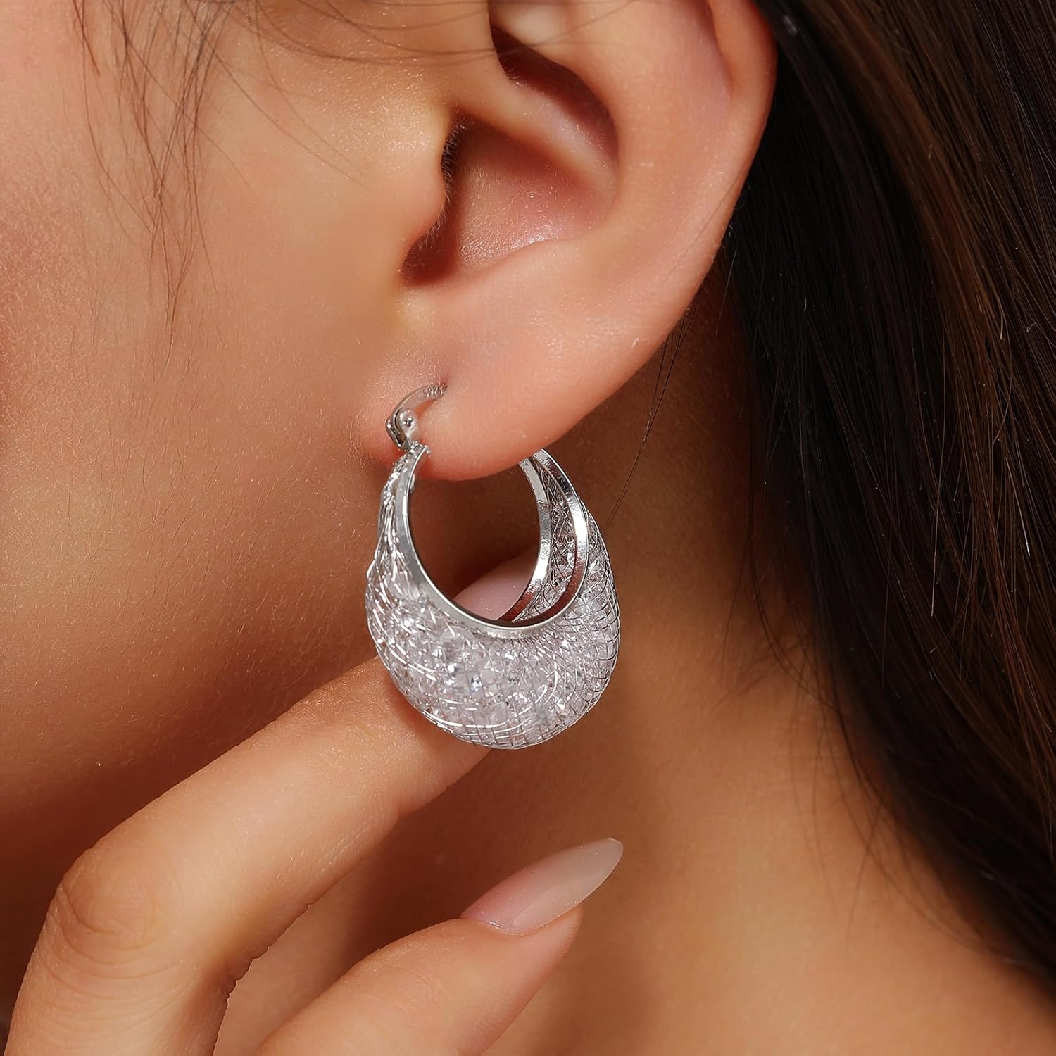 14K Gold Plated 23–25mm Lightweight Mesh Hoop Earrings for Women, Cubic Zirconia, 925 Sterling Silver Post, Hypoallergenic - Image 3