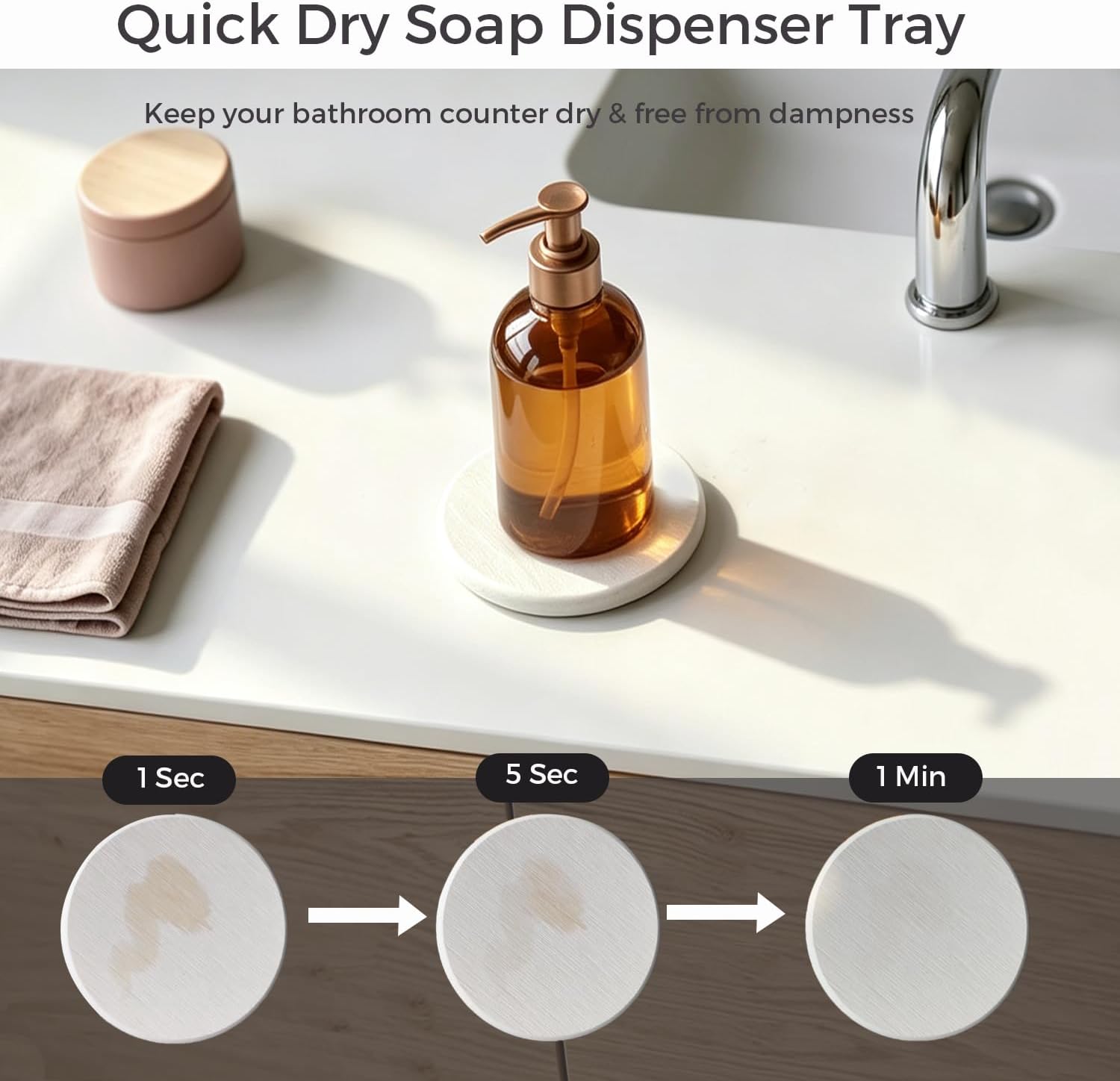 Mucco Water Absorbing Stone Tray for Sink, Water Absorbent Diatomite Coasters, Premium Diatomaceous Earth Soap Holder Dish，Fast Drying Stone Sink Tray for Hand soap & Cups & Drinks Bottles (3 White)