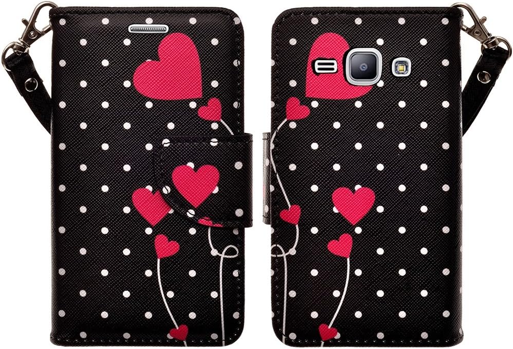 Compatible for LG Leon LTE/ LG Tribute 2 / LG Risio / Power L22C / LG Sunset / Destiny L21G, Deluxe Pu Leather Folio Wallet Flip Cover With Kickstand - POLKA DOT HEART