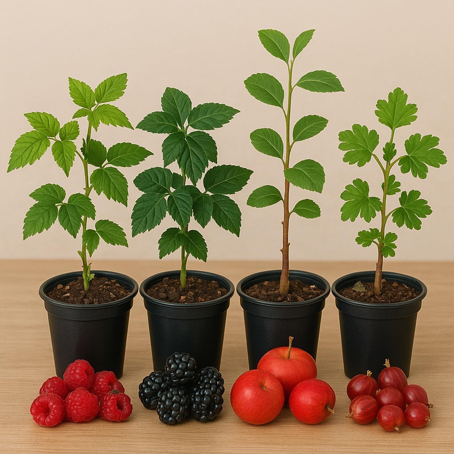 Jam & Jelly Grower’s Kit – 4 Live Fruit Plant Seedlings – Red Caroline Raspberries, Triple Crown Blackberries, Red Gooseberries & Crab Apple Trees – 1 Seedlings of Each Variety for Homemade Preserves
