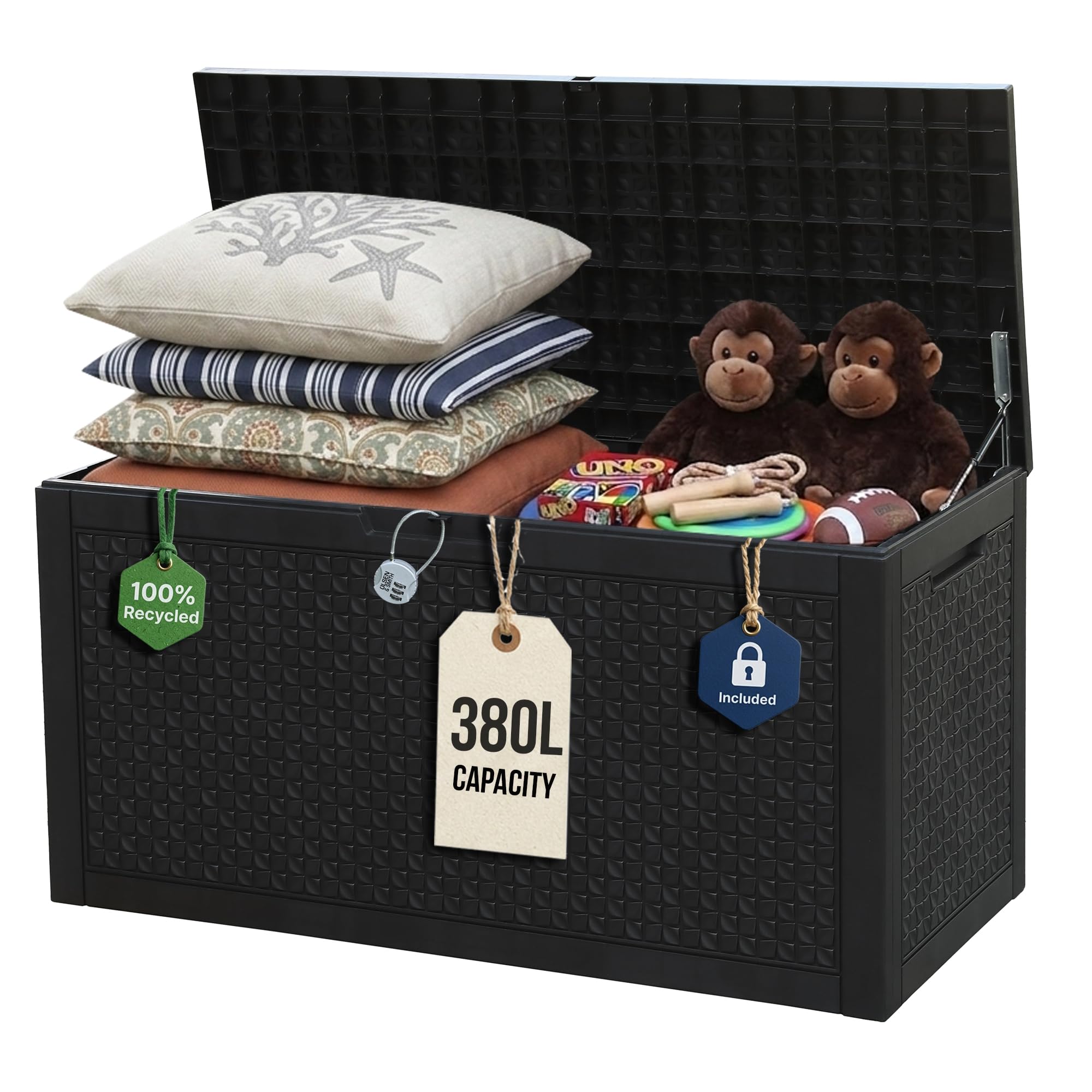 Olsen & Smith 380L Rattan-Effect Garden Storage Box & Bench Seat – 225kg Sit-on, 100% Recycled Dark Anthracite – Lockable Waterproof Chest with Padlock & Gas-Assist Hinges for Cushions, Tools & Toys