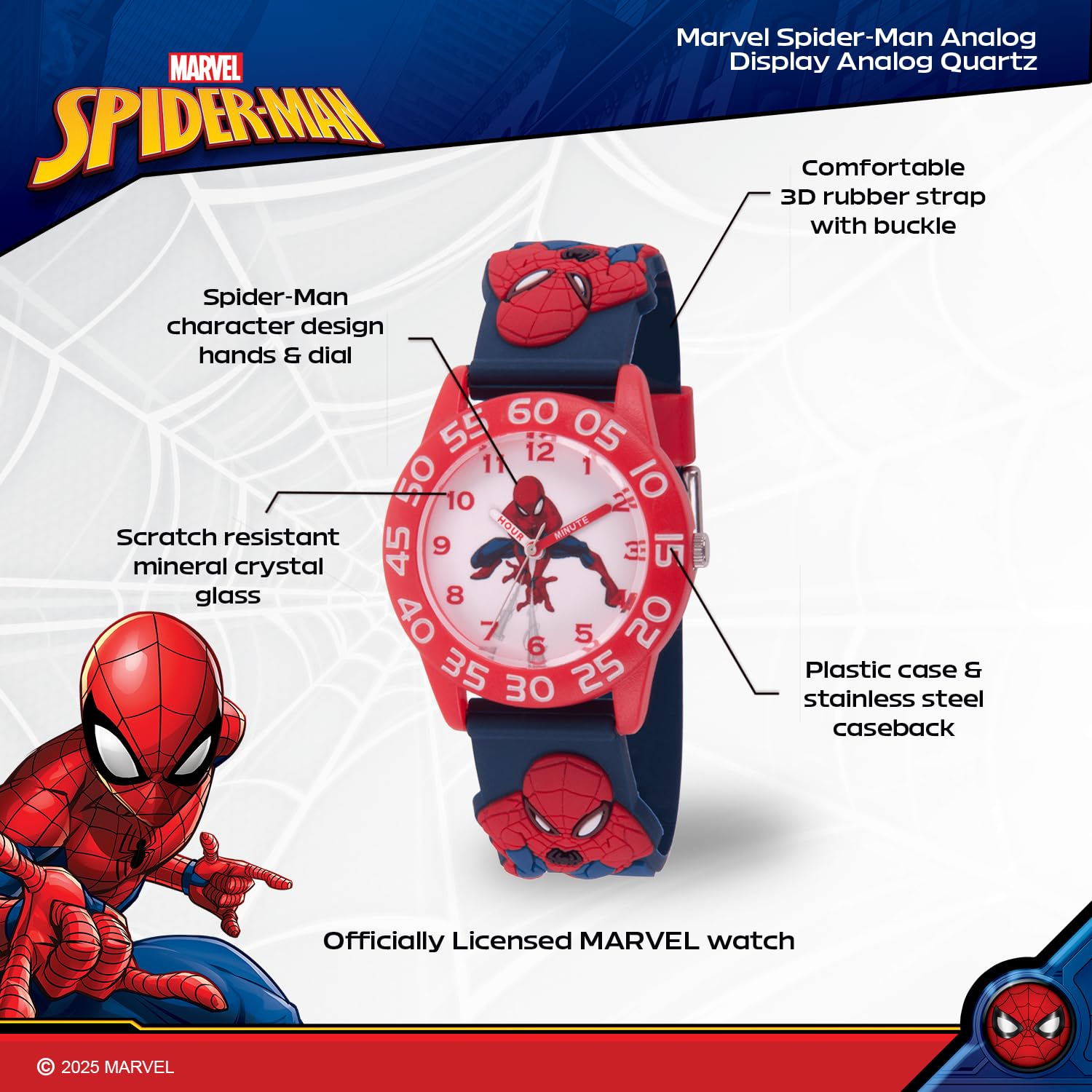 Marvel Spider-Man - Orologio analogico al quarzo con cinturino in 3D per insegnare l'ora, Blu, Cinturino