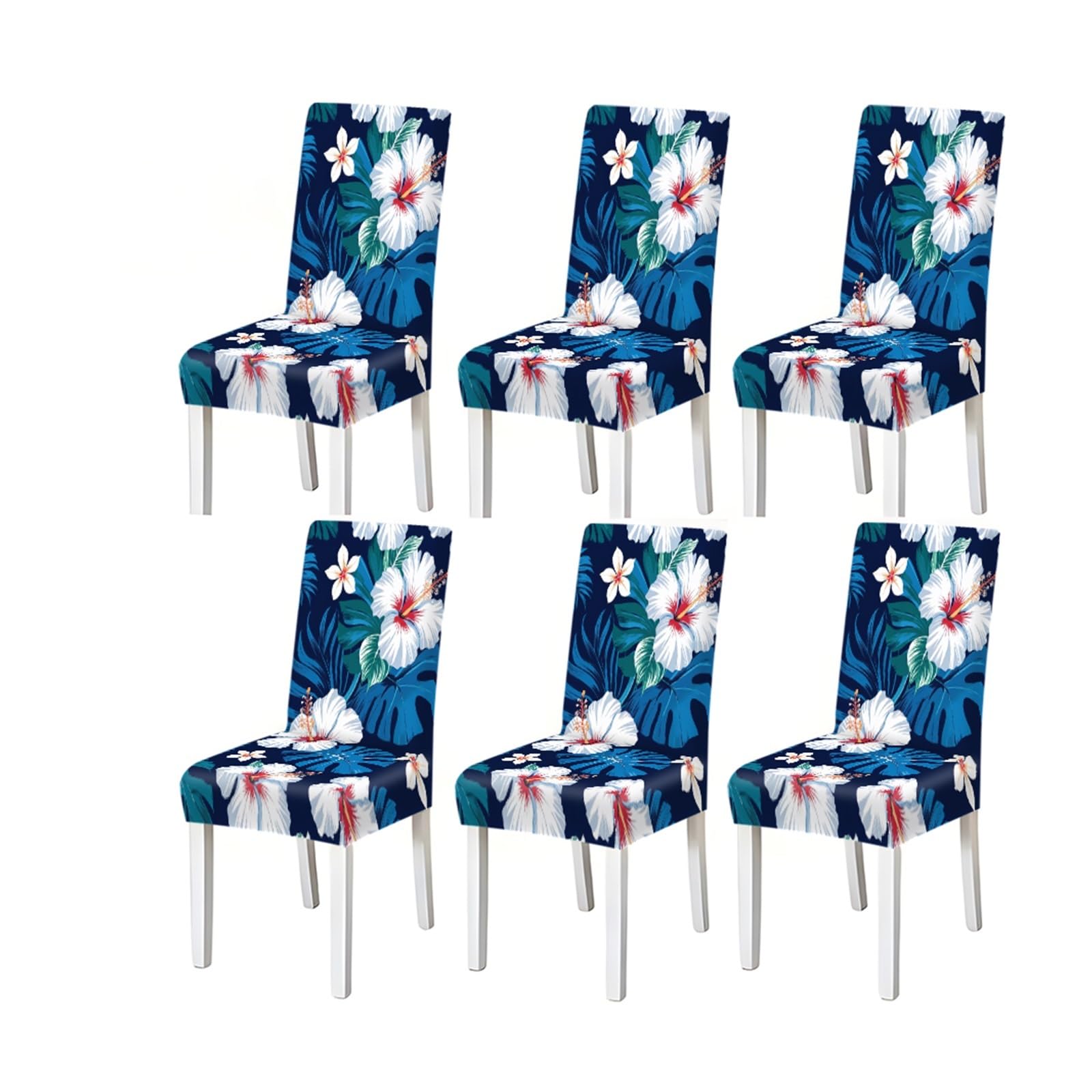 Kxuauv One Color Navy Blue White Hibiscus Tropical Floral Print Dining Chair Covers, Stretch Slipcovers For Home Kitchen Dining Room Party, 2/4/6Pcs Seat Protectors For Restaurant Hotel Party(6Pcschair Cover)