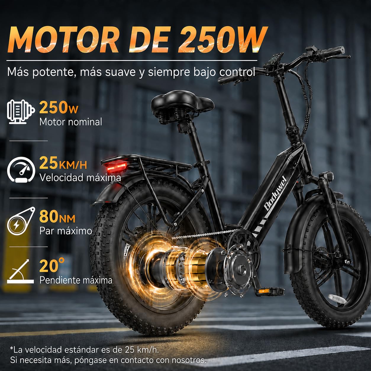 Bodywel F20Pro Bicicletas Eléctricas Adultos, 20x4.0” E-Bike Todo Terreno, Batería 48V 20Ah, Motor 250W, 7 Velocidades, Suspensión Ajustable, Frenos de Disco Doble