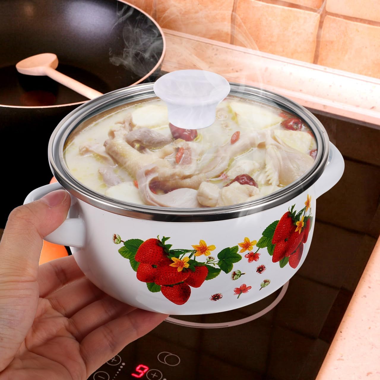 Enamel Mini Soup Pot Set 3-Piece Double Handle Stockpots with Lids Small Multifunctional Kitchen Pots for Stew Soup Sauce and Baby Food Cooking