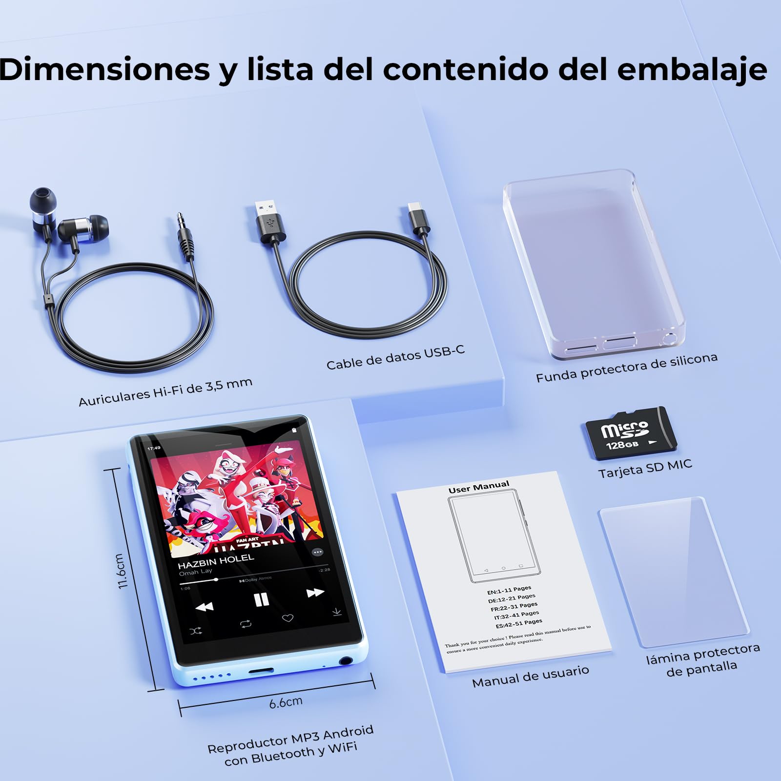 Androide Reproductor MP3 Spotify Bluetooth y Wi-FI, 96GB Reproductor música | con pantalla táctil de 4,5" para niños,con Pandora, Amazon Music, Android 13 MP4 y MP3 Reproductor batería de 2000mah