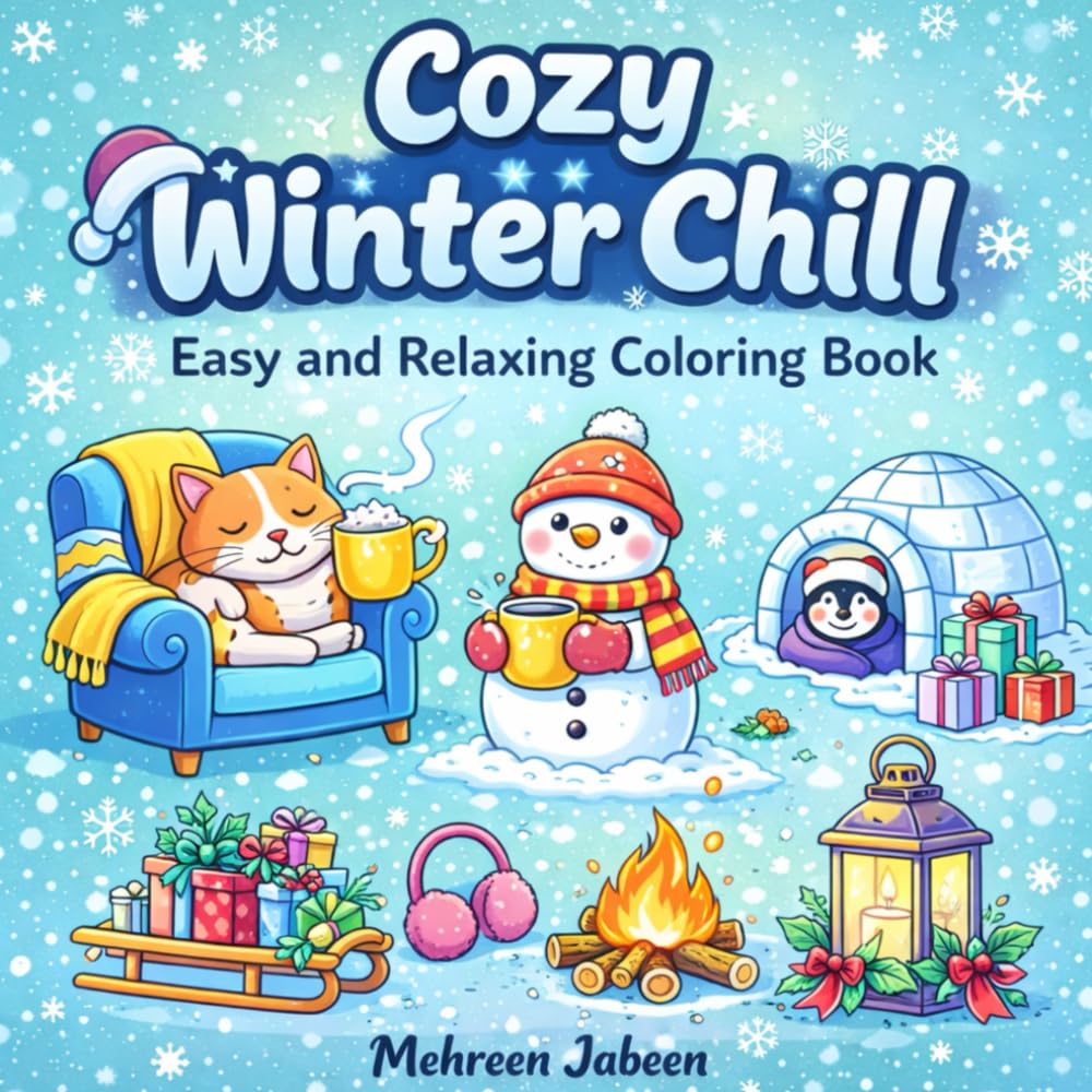 Cozy Winter Chill: Easy and Relaxing Coloring Book with Cute Cozy Winter Hygge Scenes for Kids, Teens & Adults Featuring Adorable Animals and Cozy Winter Comfort