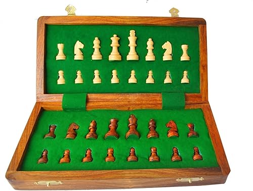 Miniatura 3 de Juego de ajedrez de viaje magnético de madera con piezas Staunton y tablero de juego plegable de 10 pulgadas, hecho a mano por artesanos en la India