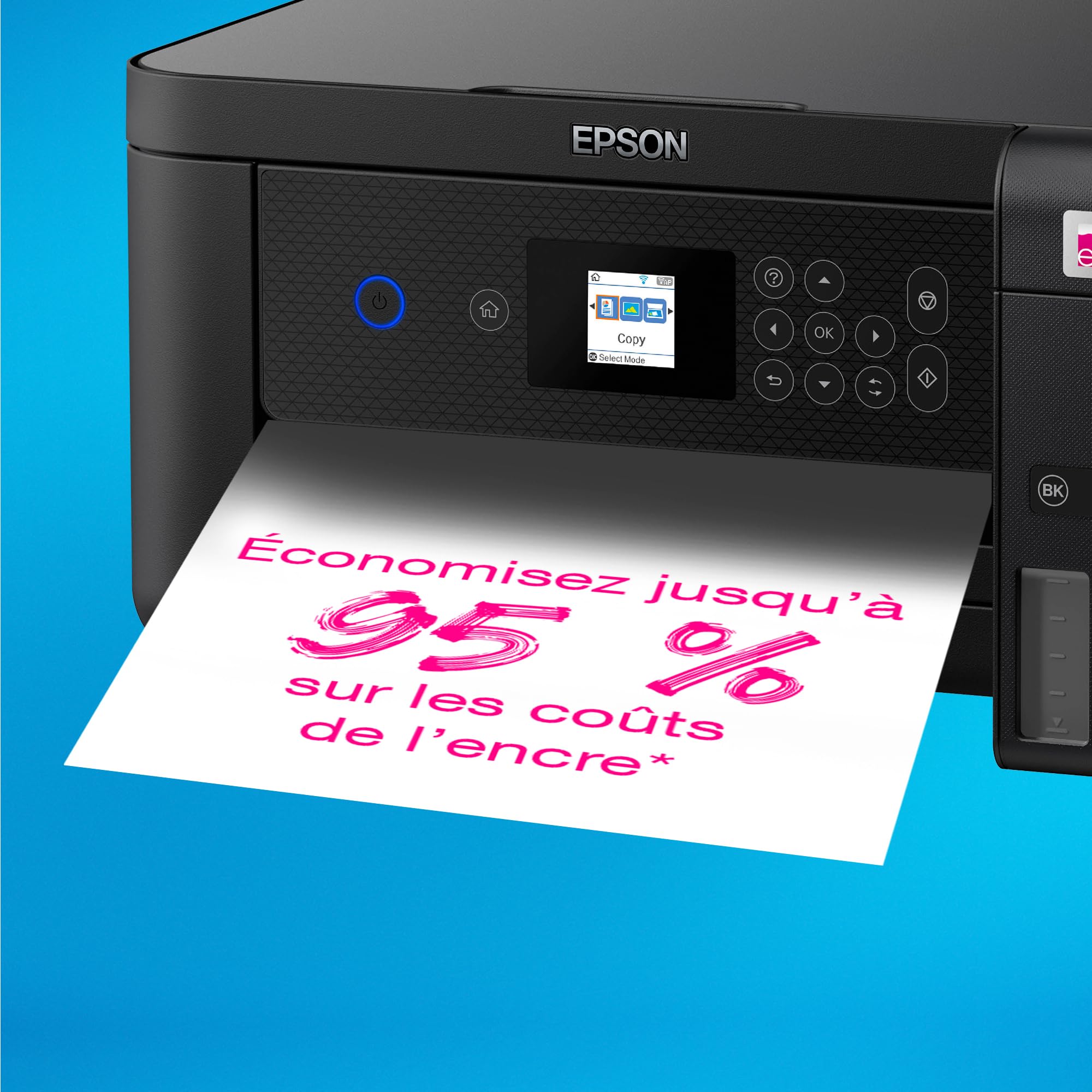 Epson Imprimante EcoTank ET-2851 avec réservoirs, Multifonction 3-en-1: Imprimante recto verso / Scanner / Copieur, A4, Jet d'encre couleur, Wifi Direct, Ecran, Faible coût par page, Compact