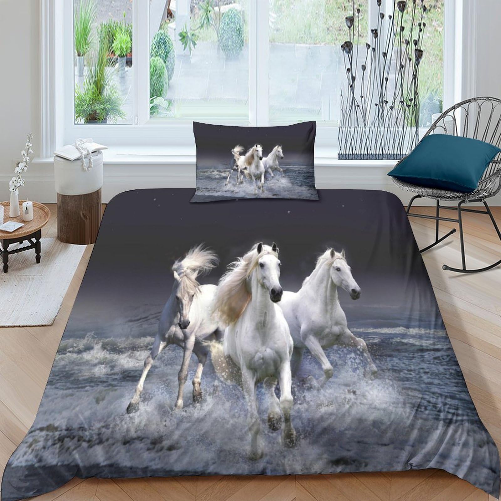 Housse de couette cheval au galop en microfibre douce et anti-plis avec fermeture éclair