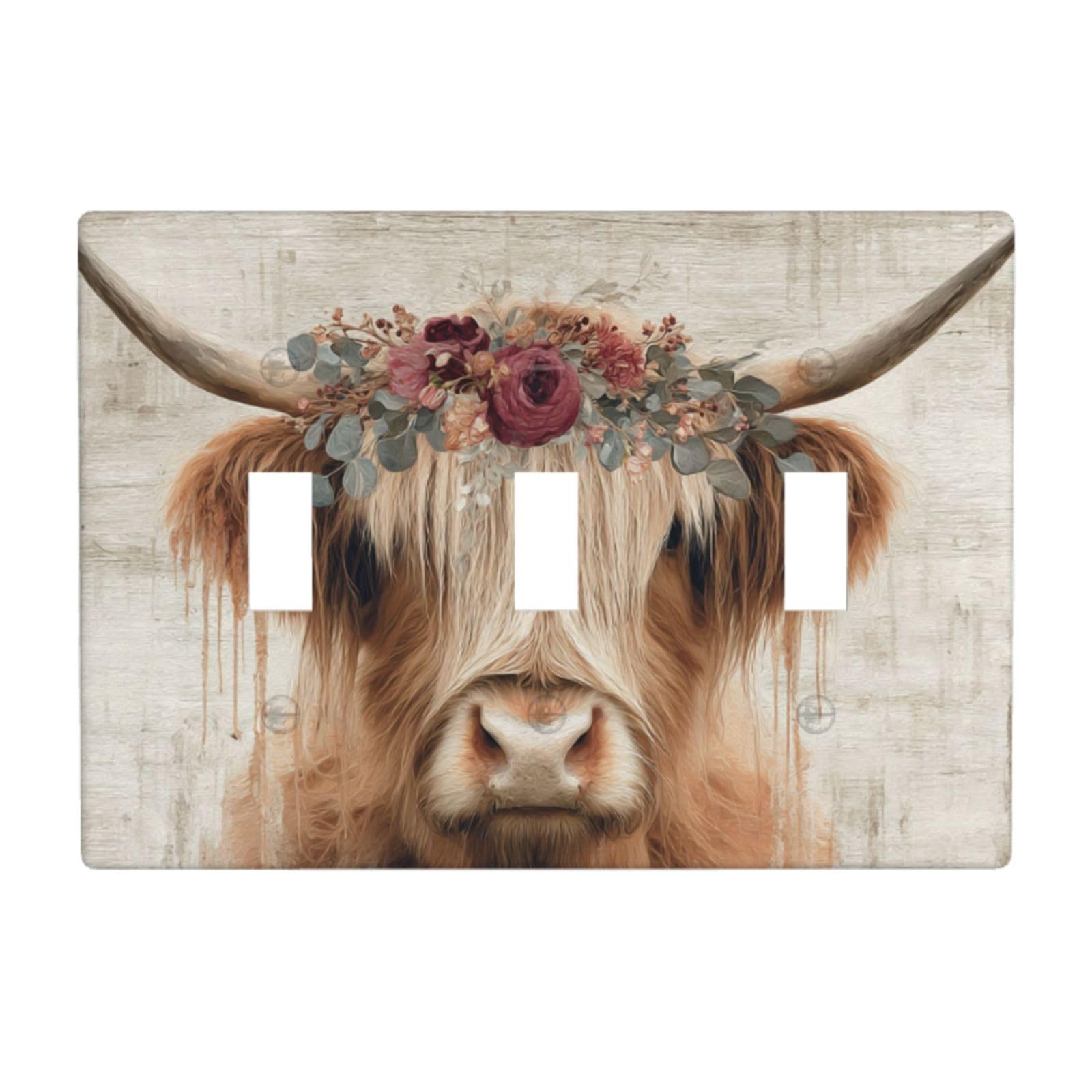 Brown Highland Cow Rustic Farmhouse Wood Light Switch Covers 3 Gang Triple Toggle Wall Plate Switchplate Electrical Faceplate for Bathroom Kitchen Bedroom Decor