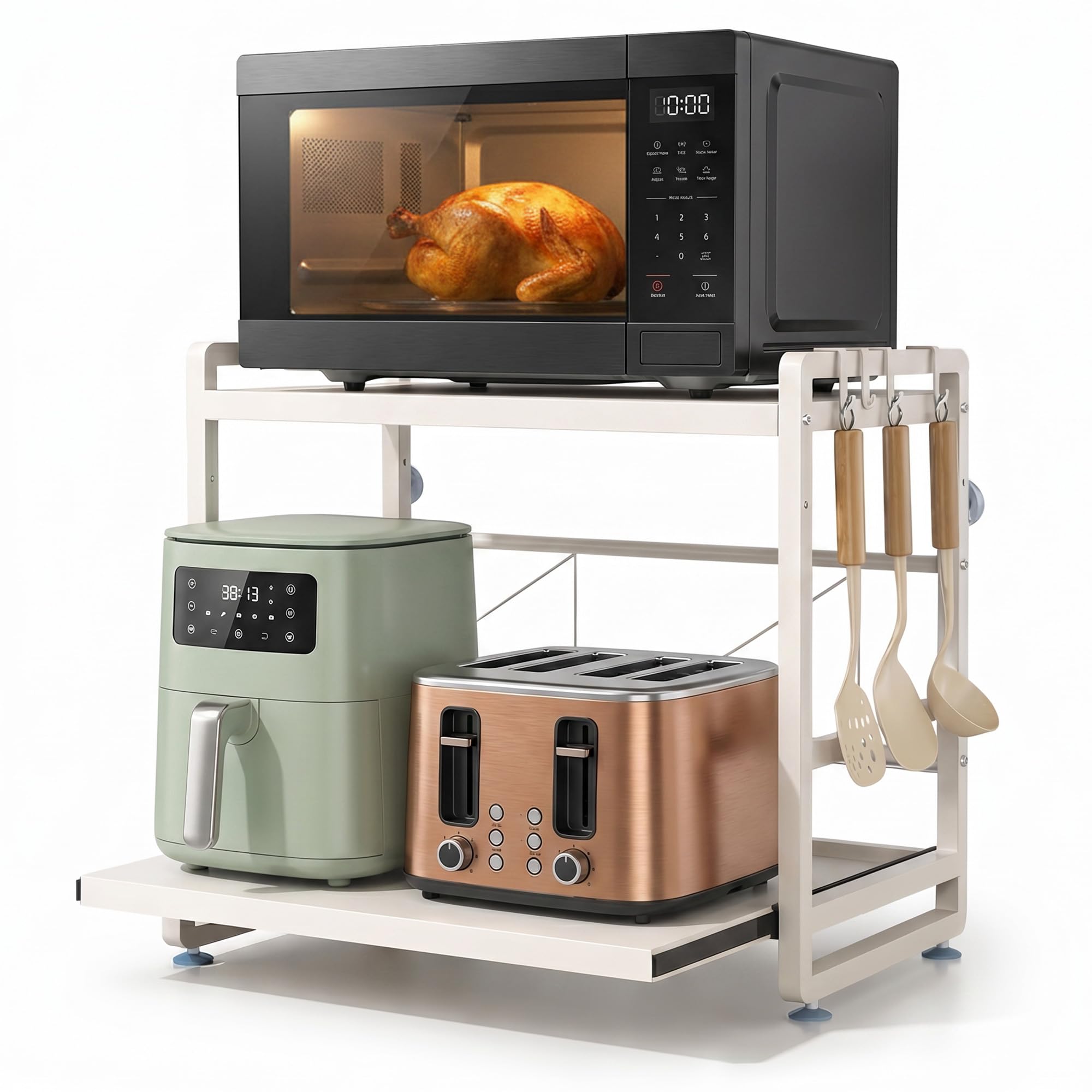 Adjustable White Microwave Stand with Removable Tray, Extendable Non-Slip Shelf with Suction Cups, Firm Kitchen Organizer, High Strength and Large Load Capacity