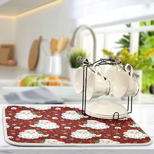 Miniatura 5 de Tapete de secado de platos rojo de Papá Noel de Navidad para cocina, tapete de secado de microfibra absorbente reversible para platos, tapete grande