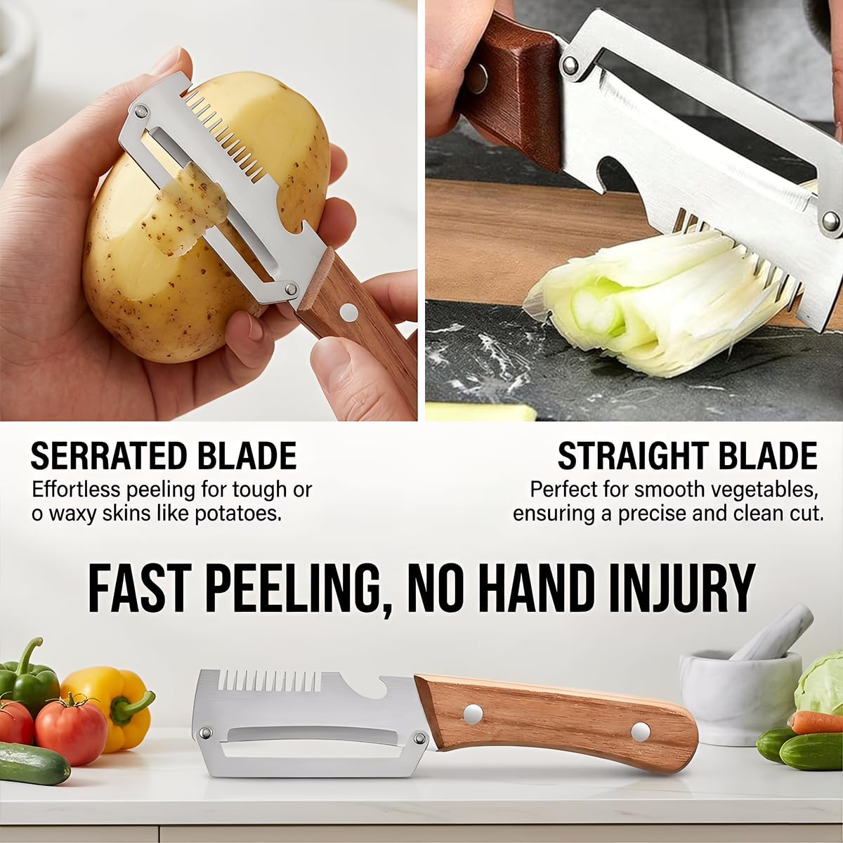 Vegetable Peeler for Kitchen – Multifunctional Stainless Steel Peeler with Wooden Handle & Bottle Opener, Durable for Fruits and Vegetables — view 4