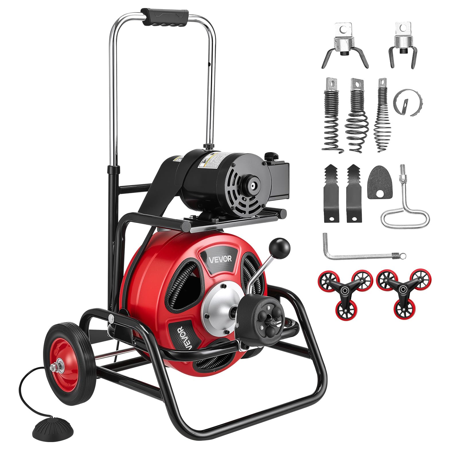 vevor drain cleaner machine 100 ft x 3/8 inch, auto feed sewer snake auger, portable drain cleaning machine with climbing wheels, adjustable drum, 8 cutters & foot switch for 2" to 4" pipes