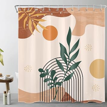 Mid Century Modern Shower Curtain, Abstract Boho Plant Gold and Green Leaf Geometric Shower Curtain with Hooks, Orange Sun Minimalist Art Decorative Bathroom Curtains Shower Set, 72"x72"