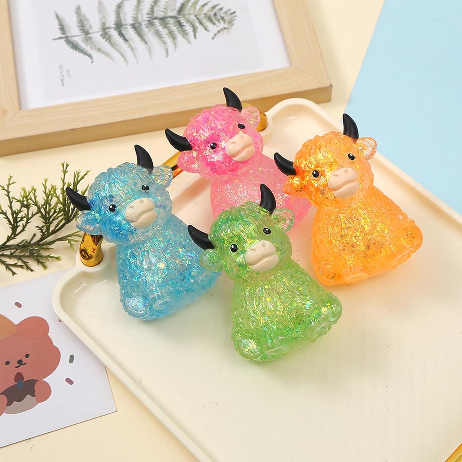 Glitter Highland Cow Squishy Fidget Toy, Cute Cattle Animal Stress Ball Cow Squeeze Stress Ball, Sensory Stress Relief Toy for Adults, for Cow Lovers, Sparkling Desk Decor (Green)