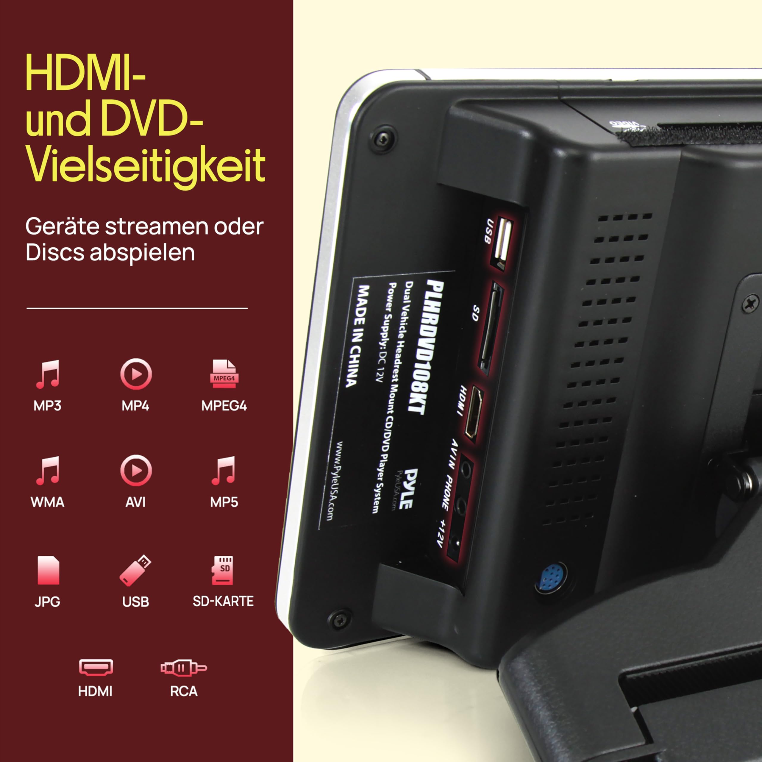 Pyle DVD Player Auto - 2 Kopfstützen Monitore 10,5" (27 cm) für Rücksitz - HDMI Auto Fernseher für Kinder mit Kopfhörer, USB SD AV In/Out