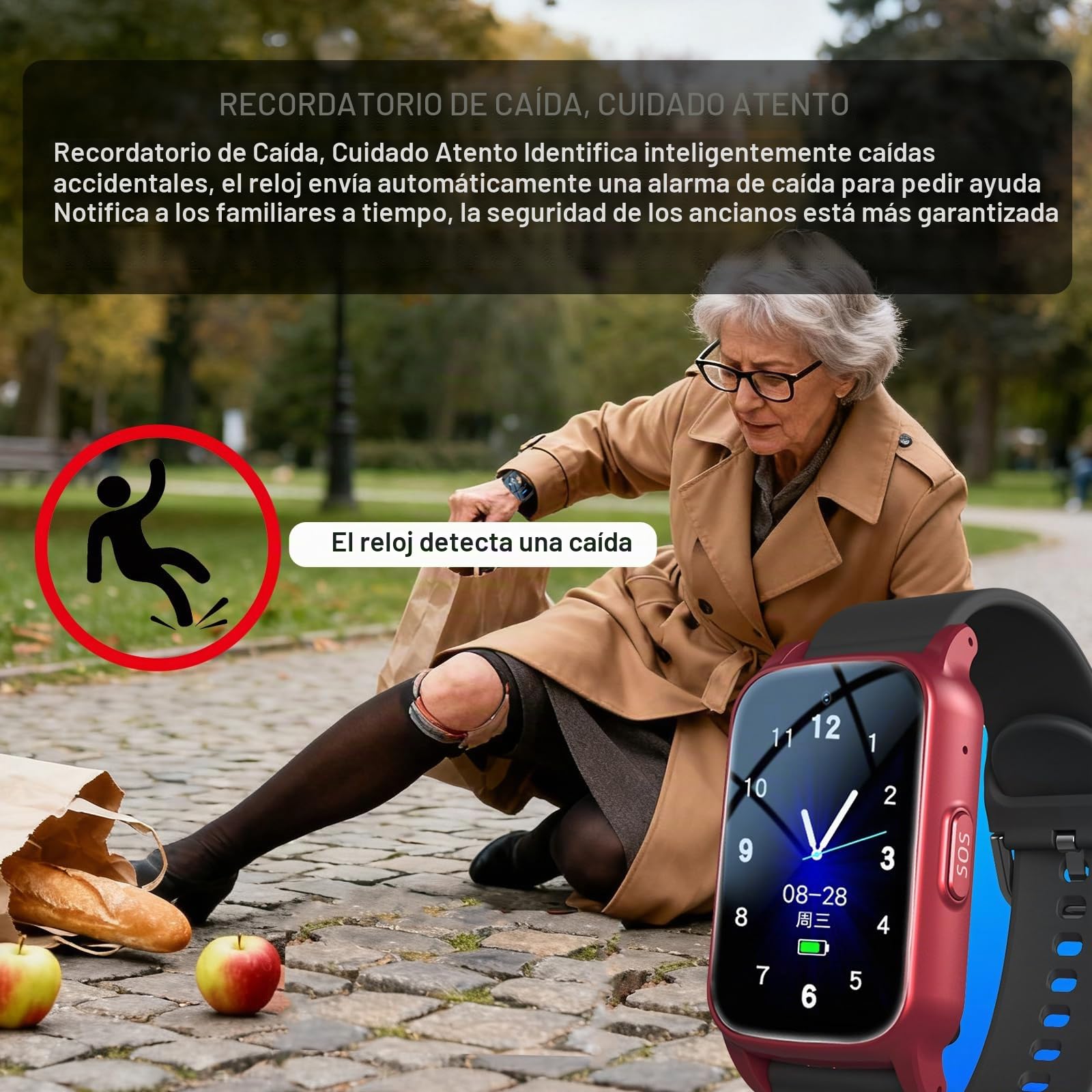 Reloj Personas Mayores, con Detección De Caídas Smartwatch, Reloj Localizador GPS con Botón De Llamada De Emergencia SOS, para Demencia/AlzheimerRed,1.25 * 0.57 * 2.22inch