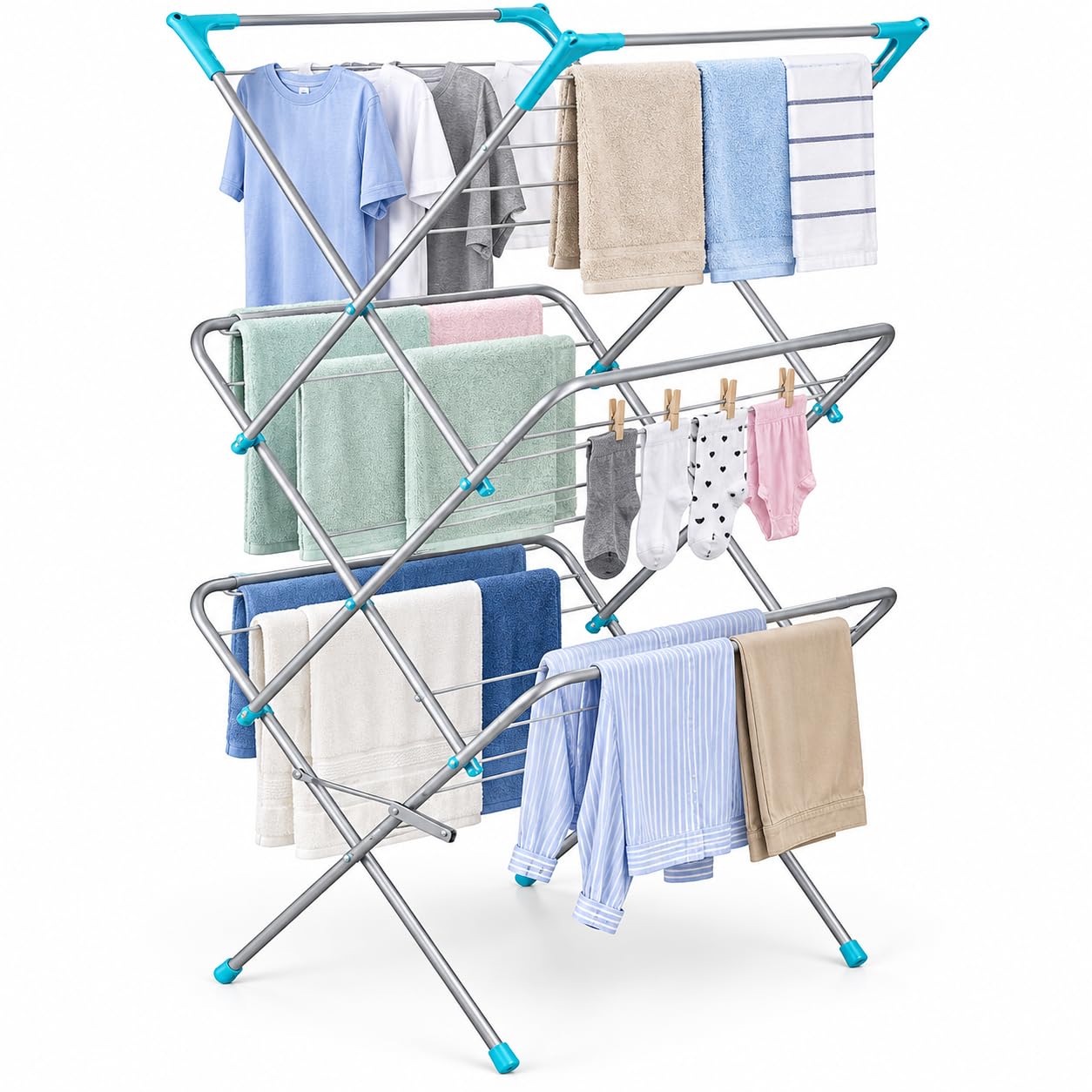 XAVRO 3 Tier Folding Clothes Airer Indoor Laundry Drying Rack Freestanding Metal Clothes Horse Foldable Space Saving Dryer for Clothes Towels Bedding Home Utility Room Silver, Style 1