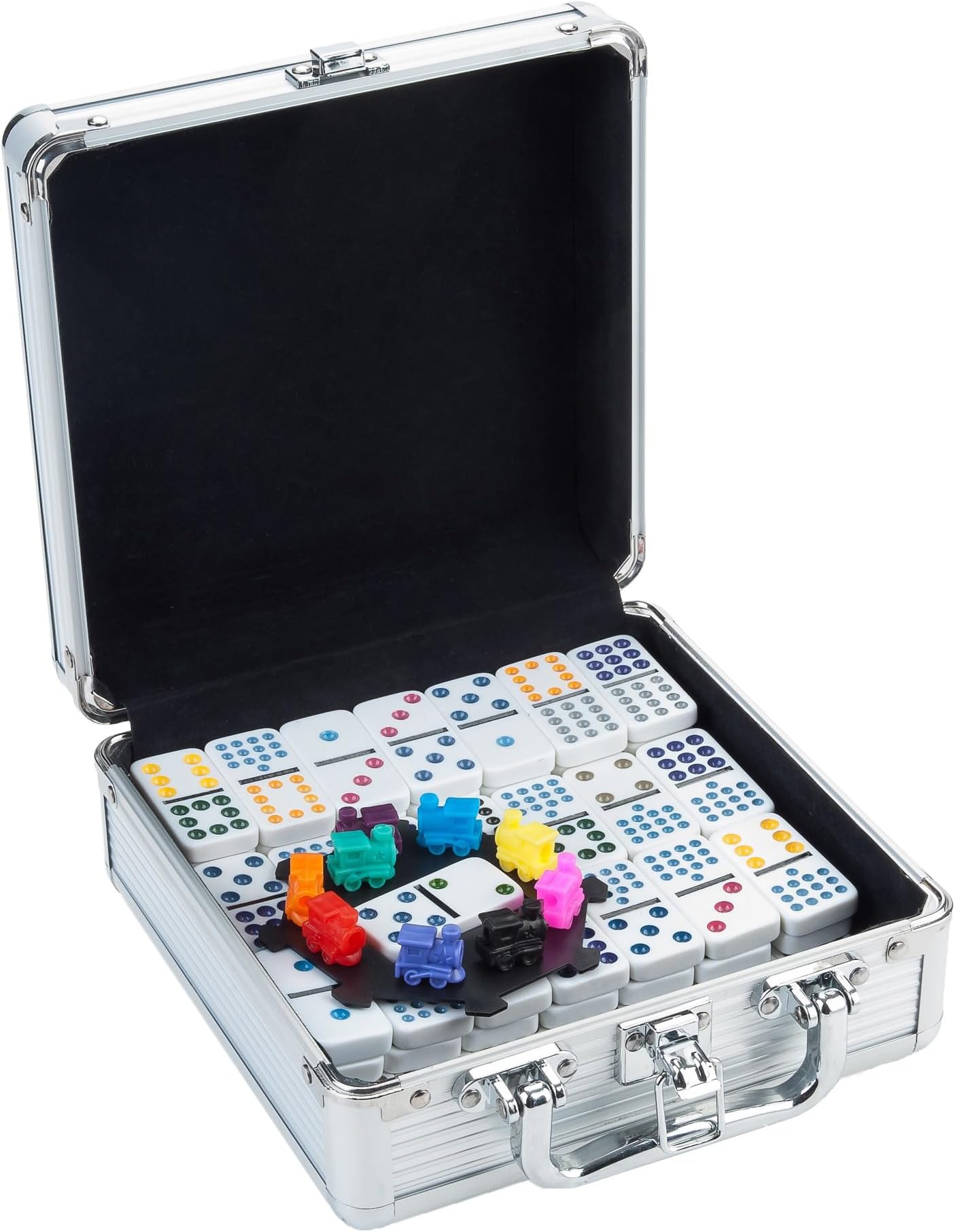 Engelhart - 250160 - Mexican Train Dominoes Set D12 - Metal Case + Accessories - Complete Set - 91 Dominoes - 2 to 8 Players