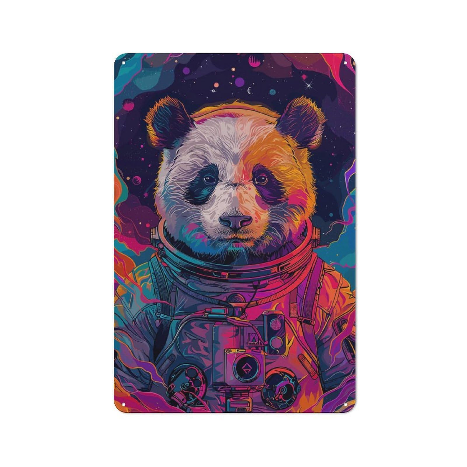 Junmoney Astronaut Space Panda Metal Plaque 30X20cm With For Hallway Wall, Rustic Decor, For Garage, Workshop And Man Cave Decoration