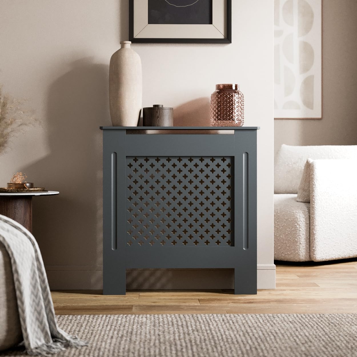 Radiant Living Radiator Cover Diamond Cross Pattern, Modern Anthracite Grey MDF Radiator Cabinet for Living Room & Bedroom, Small 78 x 81.5 x 19cm