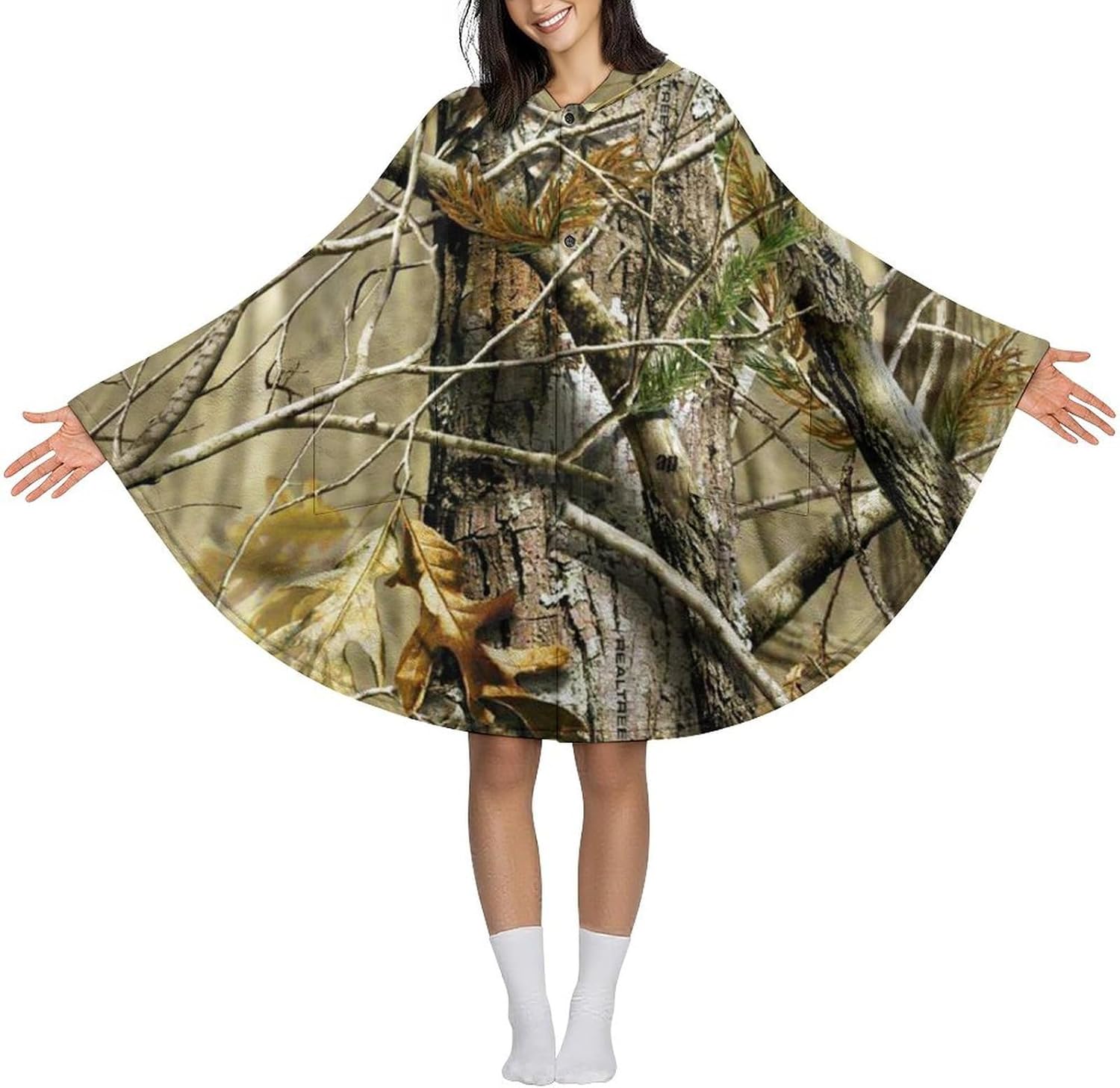 Camouflage Hunting Forests Wearable Blanket with Hooded Flannel Blankets Cape with Pocket