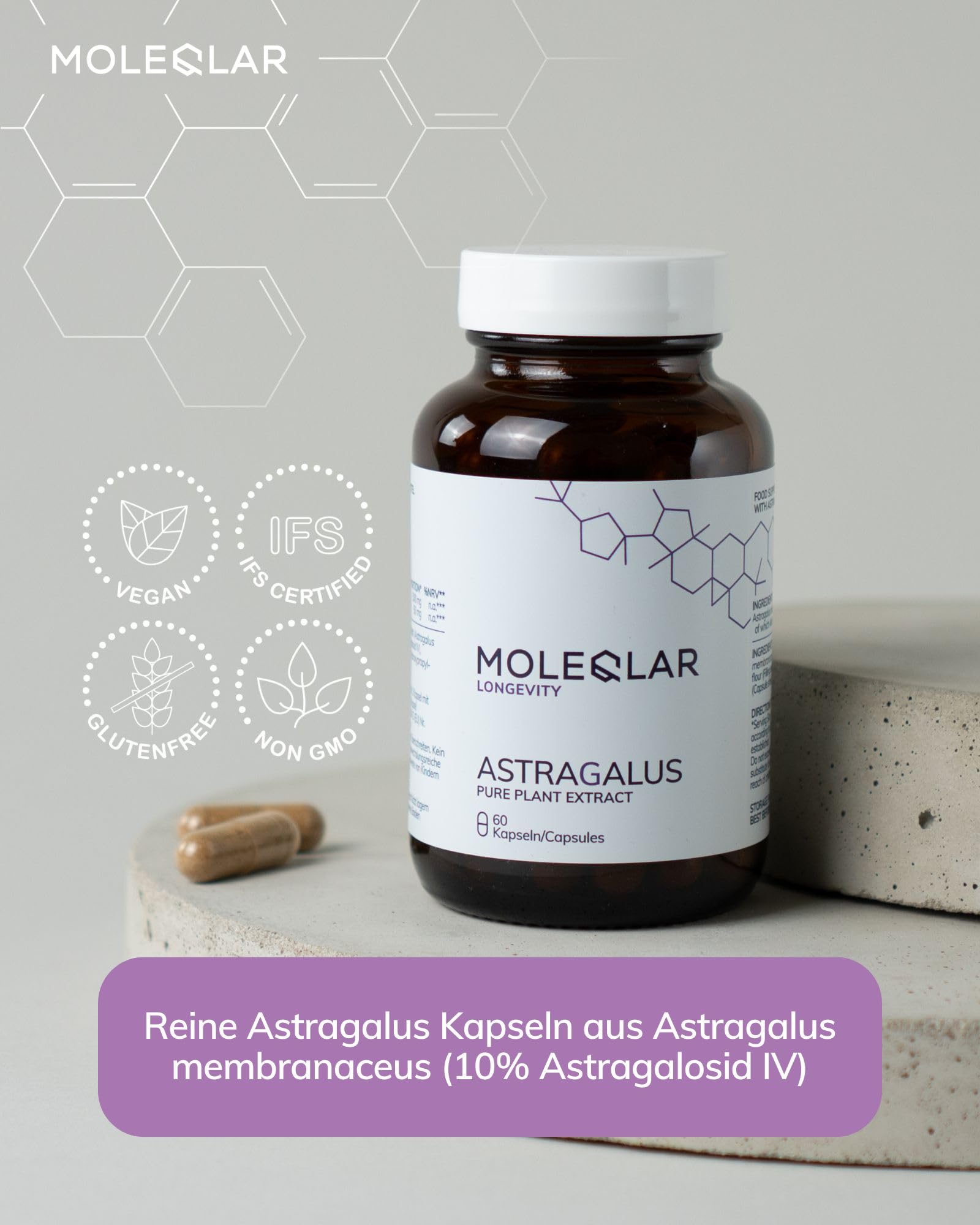 MoleQlar Astragalus Kapseln 60 Stück - 50 mg Astragalosid pro Kapsel - Traganthwurzelextrakt - Laborgeprüft und standardisiert