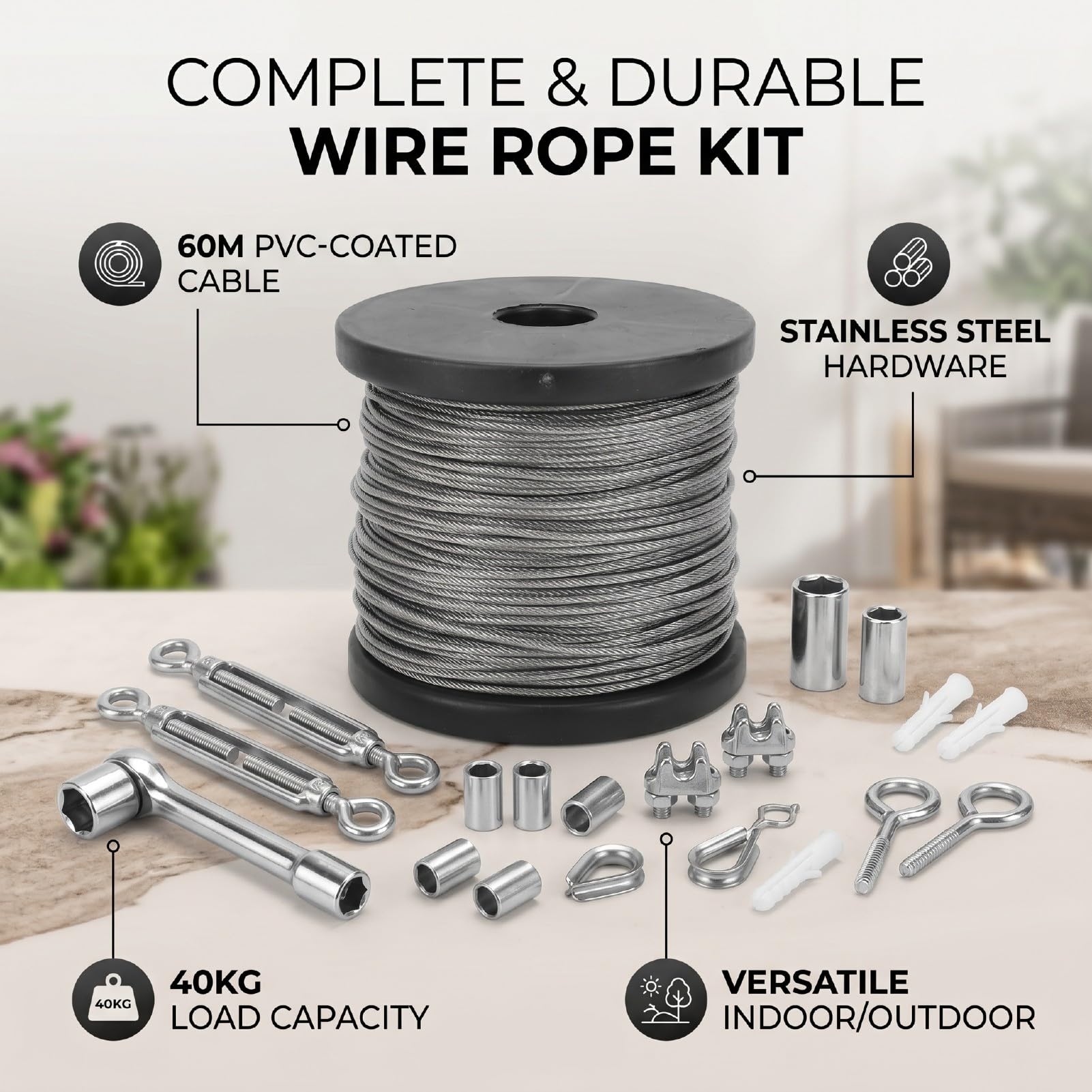 Kit di Attrezzi per Crimpare Fune, Cavo in Acciaio Inossidabile da 60 M 2 Mm con 30 Manicotti di Crimpatura 20 Ditali 12 Morsetti per Corda per Luce a Corda per Recinzione a