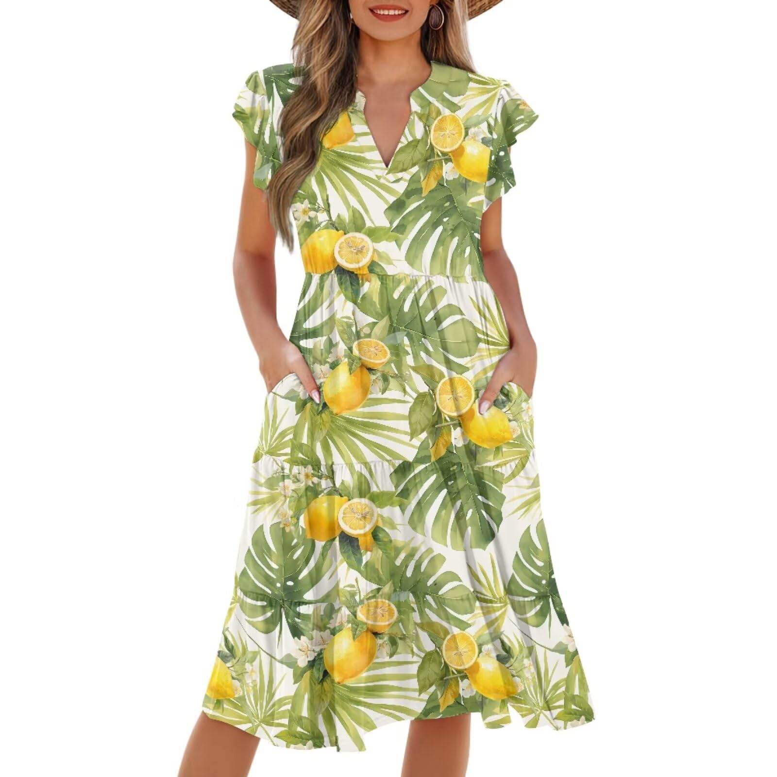 Womens Summer Dress Ruffle Sleeve V Neck Dress Casual Fit Flowy Beach Vacation Sundress with Pocket S-2XL