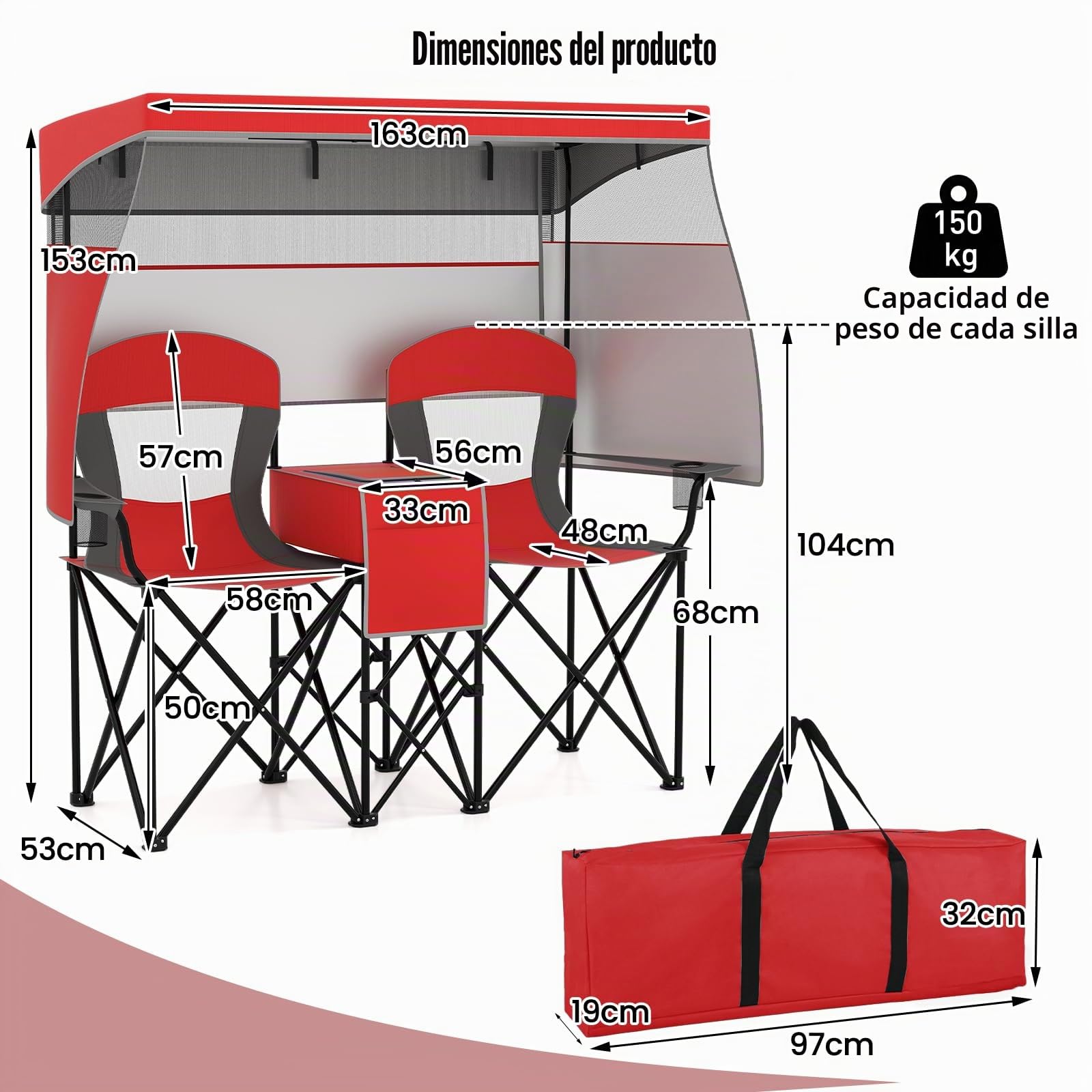KOMFOTTEU Silla Plegable de Camping Doble, 2 Sillas de Exterior con Techo Ajustable para 2 Personas, Silla de Pesca Portátil con Portavasos, Bolsa de Transporte, para Picnic, Jardín, Playa