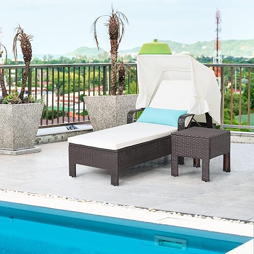 Miniatura 9 de Tangkula Juego de tumbona y mesa para exteriores con toldo plegable y reposabrazos, silla reclinable de ratán para patio con respaldo ajustable de 6