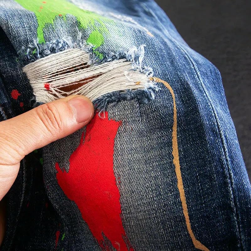 Streetwear Men Jeans Retro Blue Stretch Slim Fit Ripped ​​Trousers Men's Painted Hip Hop Splashed Denim Pants4