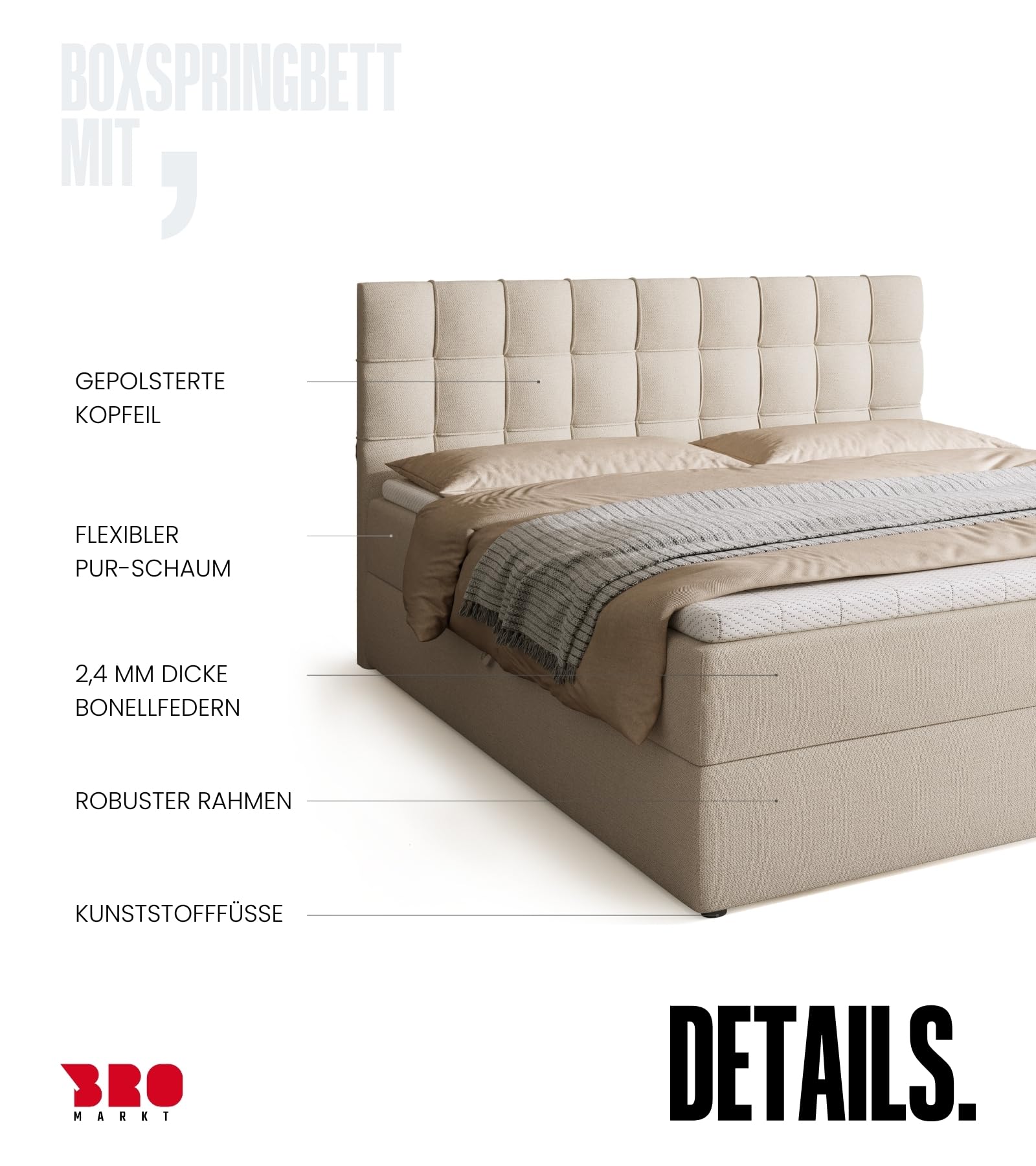 BROMARKT Boxspringbett 180x200cm mit Topper und Bettkasten H3 Beige | Doppelbett für Schlafzimmer mit Bonell Matratze Stauraum und gepolsterte Kopfstütze Bett Bed Einzelbett Federkern DETROIT