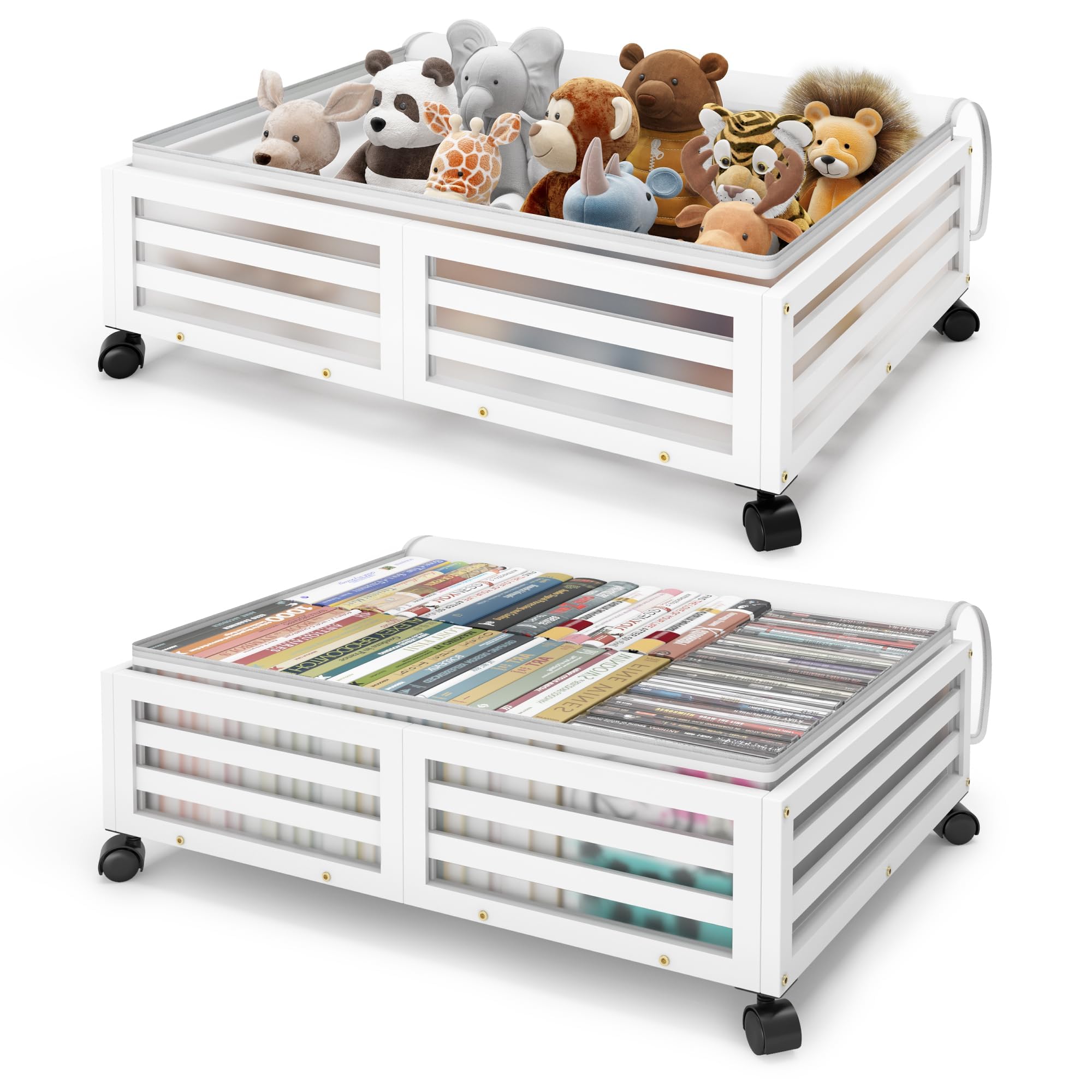 Under Bed Storage Containers - Bamboo Underbed Storage with Dust Bags | Under Bed Storage with Wheels | Stackable Under Bed Shoe Drawer Storage for Clothes Blankets Bedding Toys (2 PCS White)