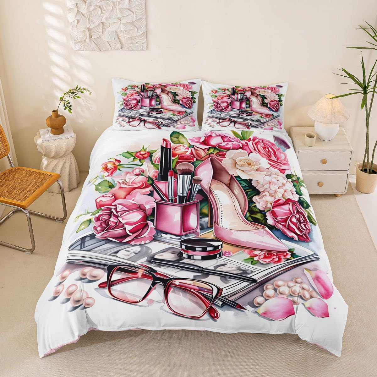 Homewish Różowa poszewka na kołdrę na wysokim obcasie z 2 poszewkami na poduszki