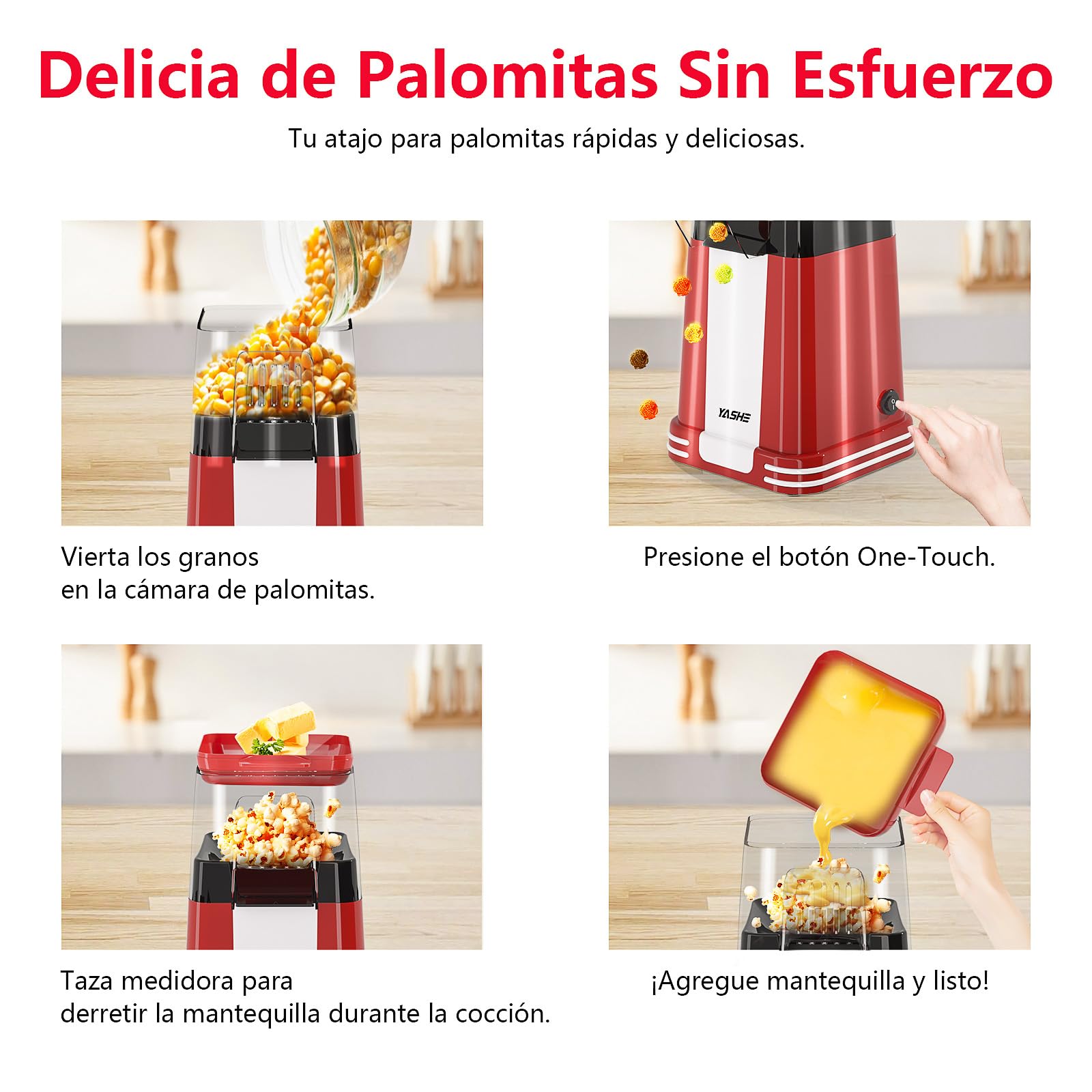 YASHE Máquina de Palomitas Retro, 1200 W Palomitero de Aire Caliente con Vaso Medidor, Un Toque, Sin Aceite, Perfecto para Cine en Casa, Noches de Película, Fiestas