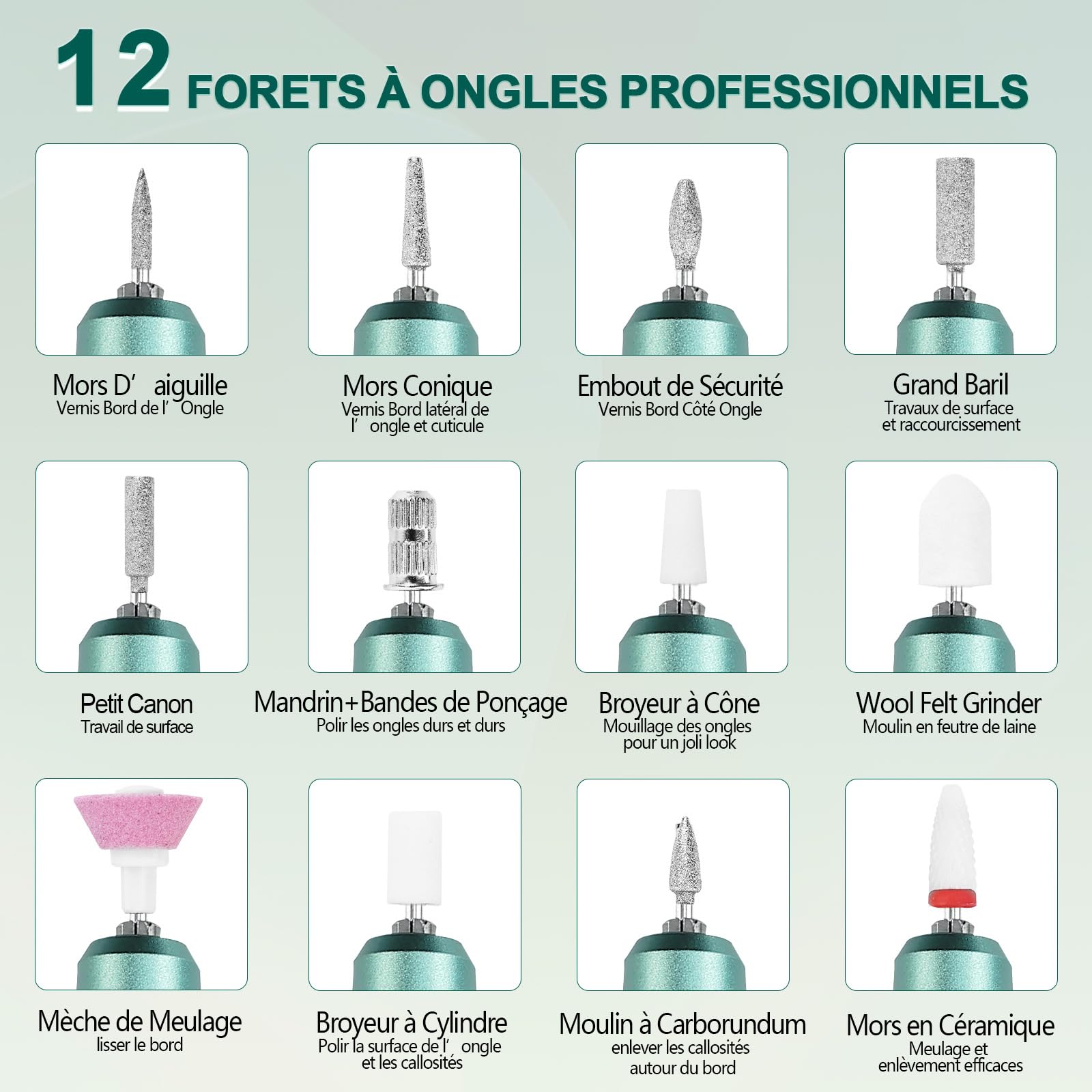 Ponceuse pour Ongles Professionnel 35000 RPM, 12 en 1 Lime a Ongle Electrique Portable, Ponceuse Ongle Sans Fil Rechargeable pour Acrylique/Gel, Machine à Ongles de Qualité Salon (Vert)