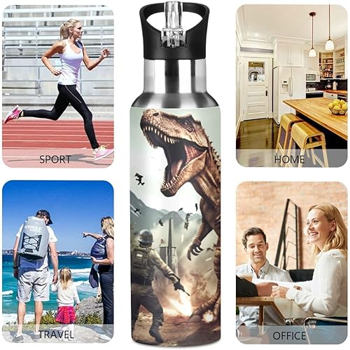 Miniatura 5 de Botella de agua con popote 3D de dinosaurio T-Rex Disaster Dragon Lid termo para niños, termo de acero inoxidable aislado para agua, deportes, 20 oz