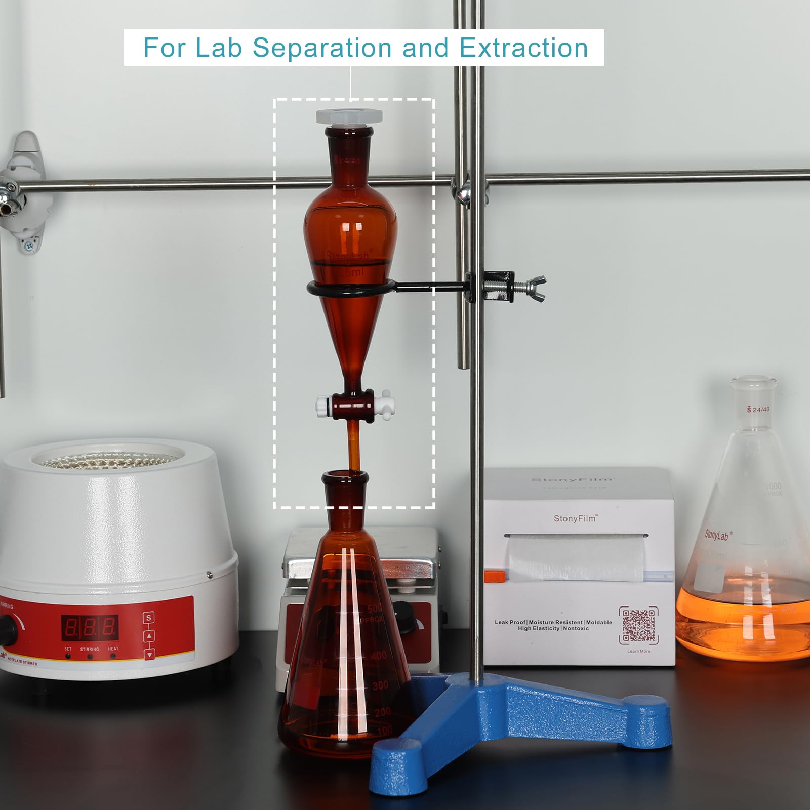 stonylab Entonnoir Séparateur Marron, Forme Conique à Parois Épaisses, Joint Rodé 24/40, Robinet en PTFE, Verrerie de Laboratoire en Verre Borosilicaté, Résistant aux Produits Chimiques, 250 ml