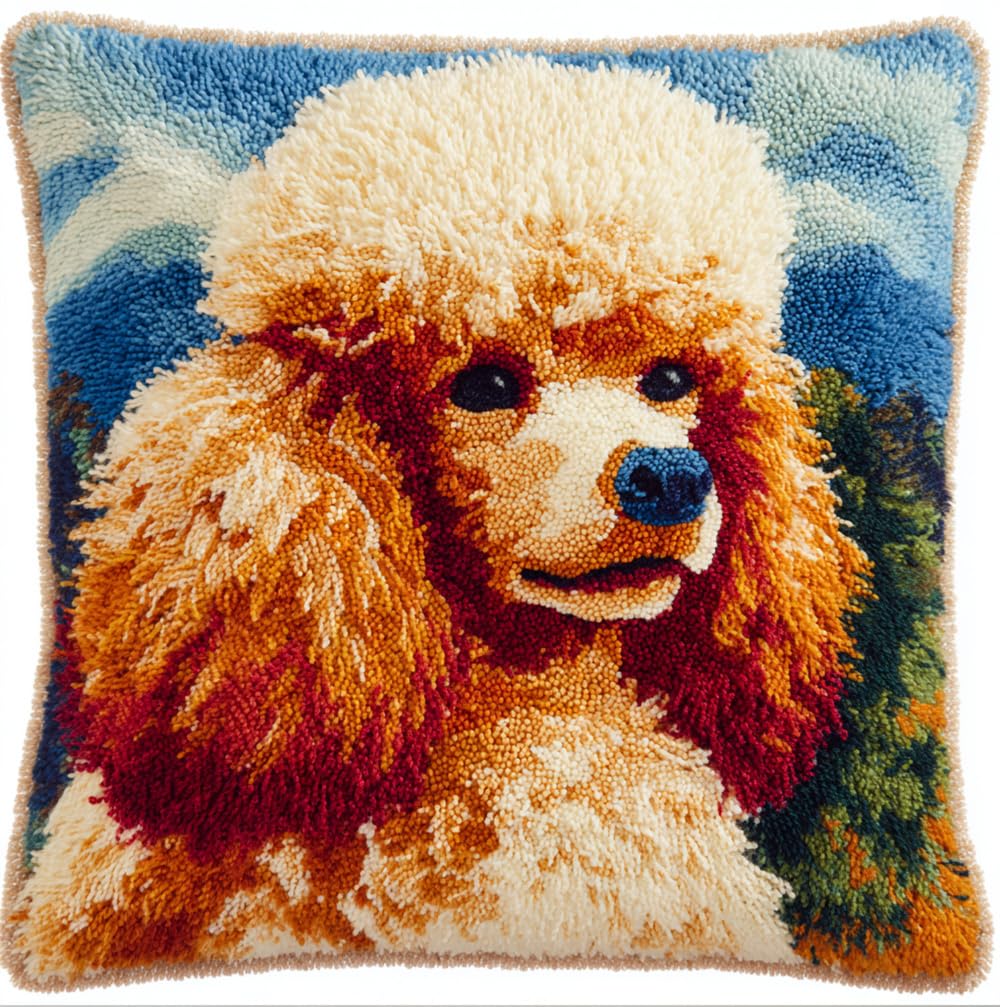 Rqwybcaxn Latch Hook Cushion Kits for Adults 17X17Inch,Poodle Latch Hook Pillow Case Kits Embroidery Kits 43X43Cm, DIY Needlework Pillow Cover Cushion Rug Making Kit, DIY Craft Kit for Women