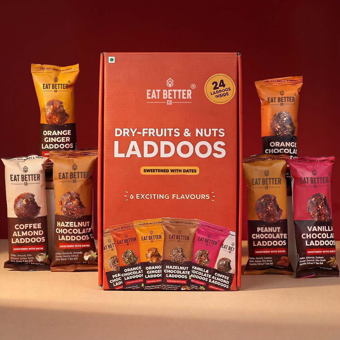EAT BETTER CO Assorted Laddoo Box-24 Laddoos In 6 Different Flavors|95% Dry Fruits|Sugar-Free|100% Natural|Energy Bar Replacement|High Protein & Instant Energy-Healthy Snacks, 240 Gram-image-1